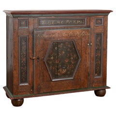 Original Painted Narrow Cabinet Console with Flowers, Dated 1814