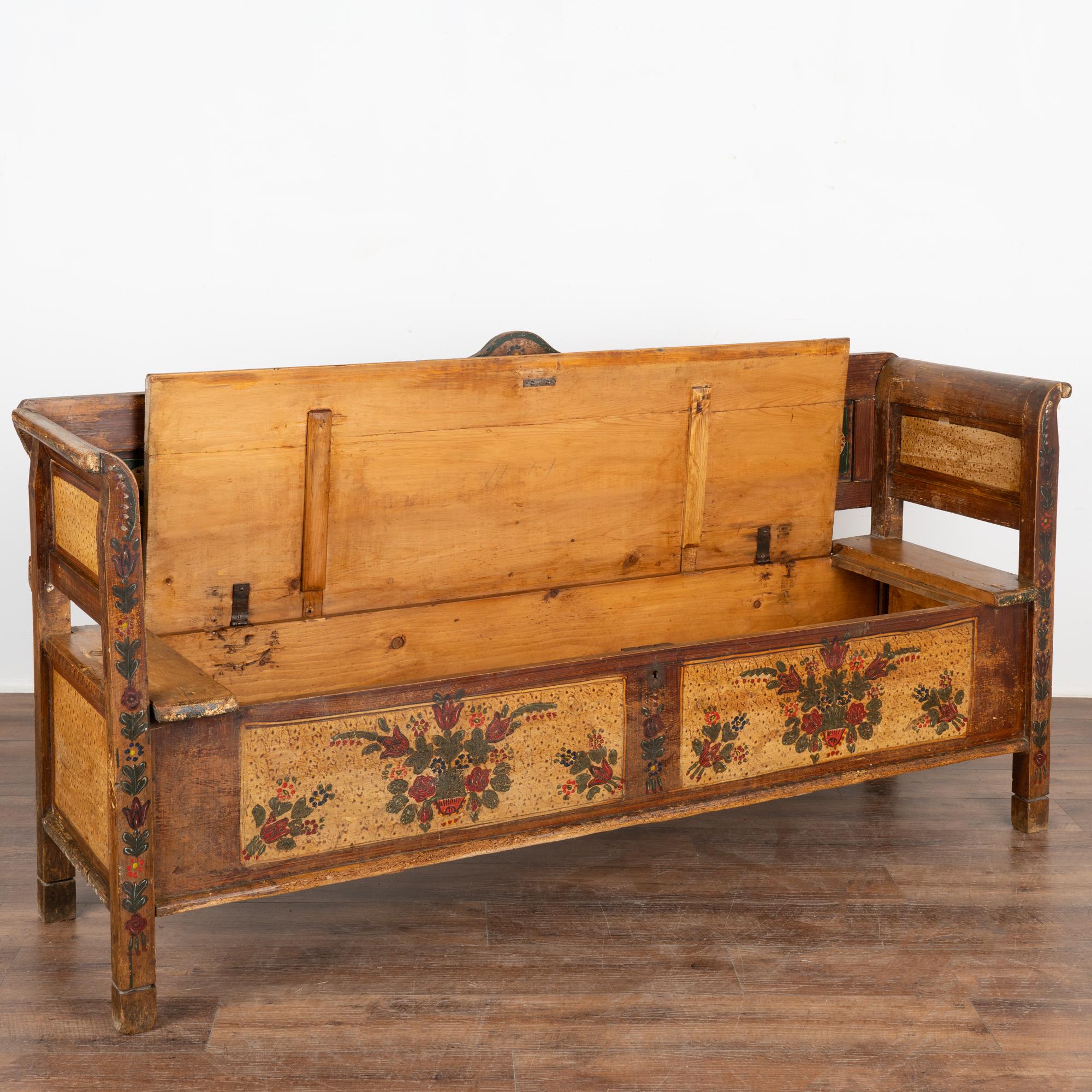 Folk Art Original Painted Pine Bench With Storage, Hungary dated 1910 For Sale
