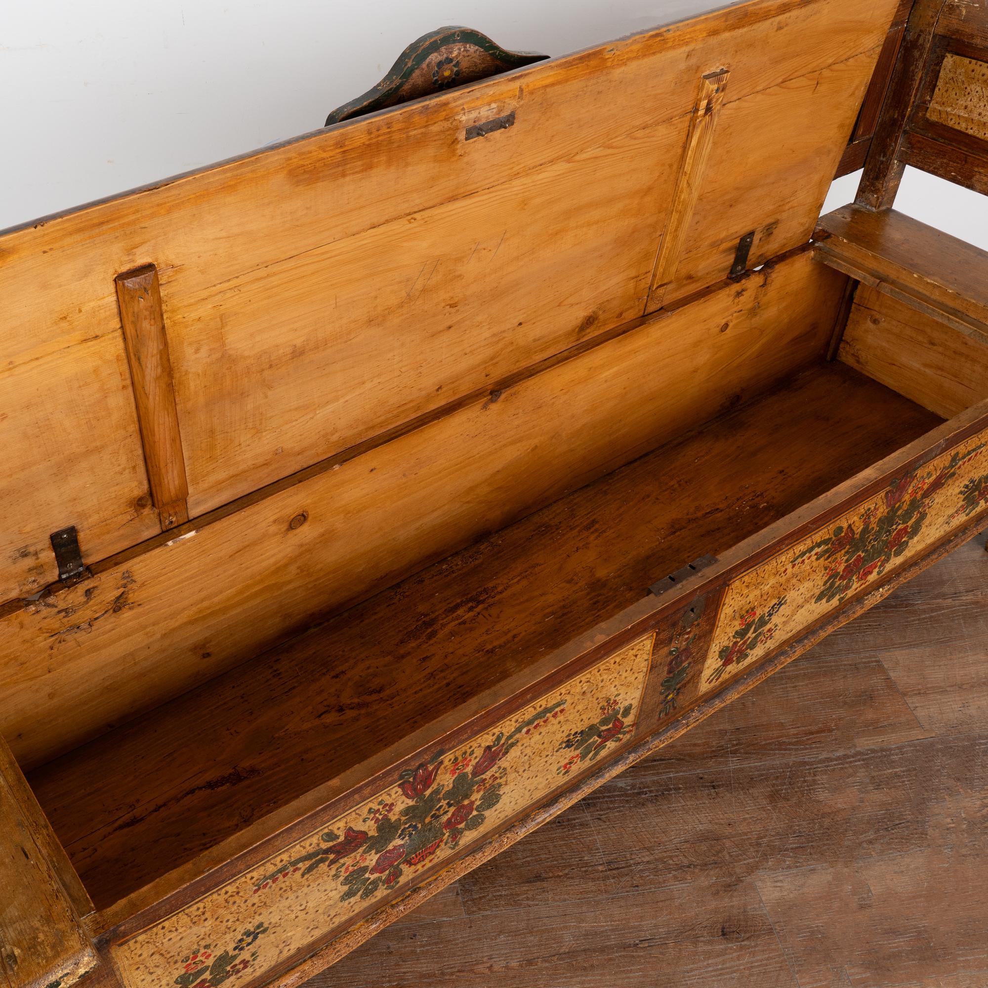 Hungarian Original Painted Pine Bench With Storage, Hungary dated 1910 For Sale