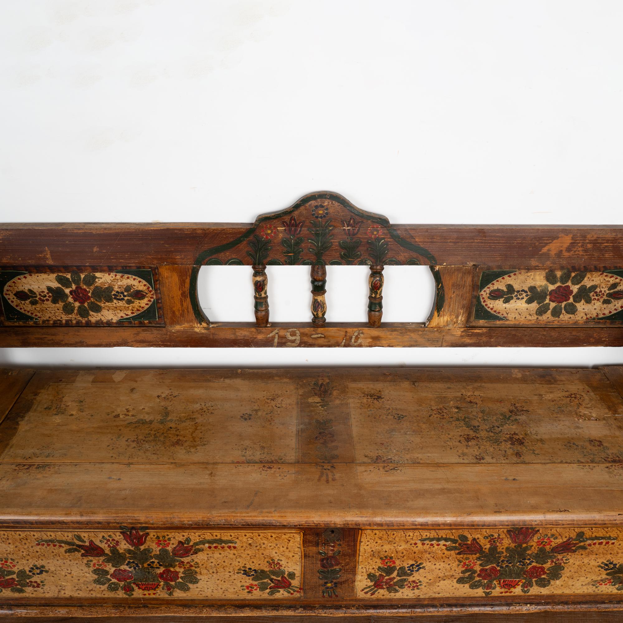 20th Century Original Painted Pine Bench With Storage, Hungary dated 1910 For Sale
