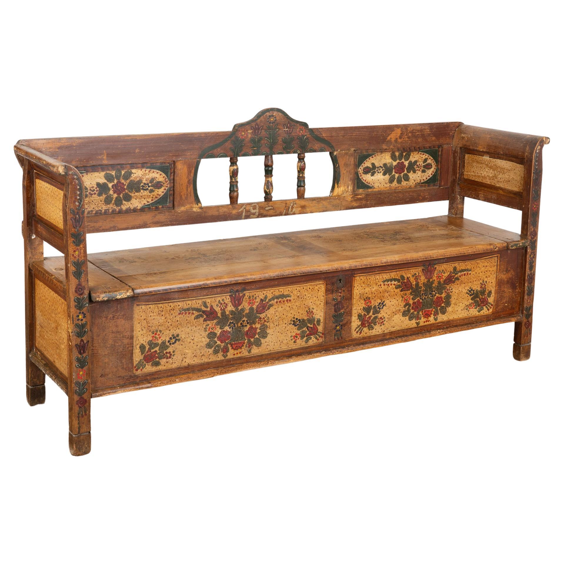Original Painted Pine Bench With Storage, Hungary dated 1910