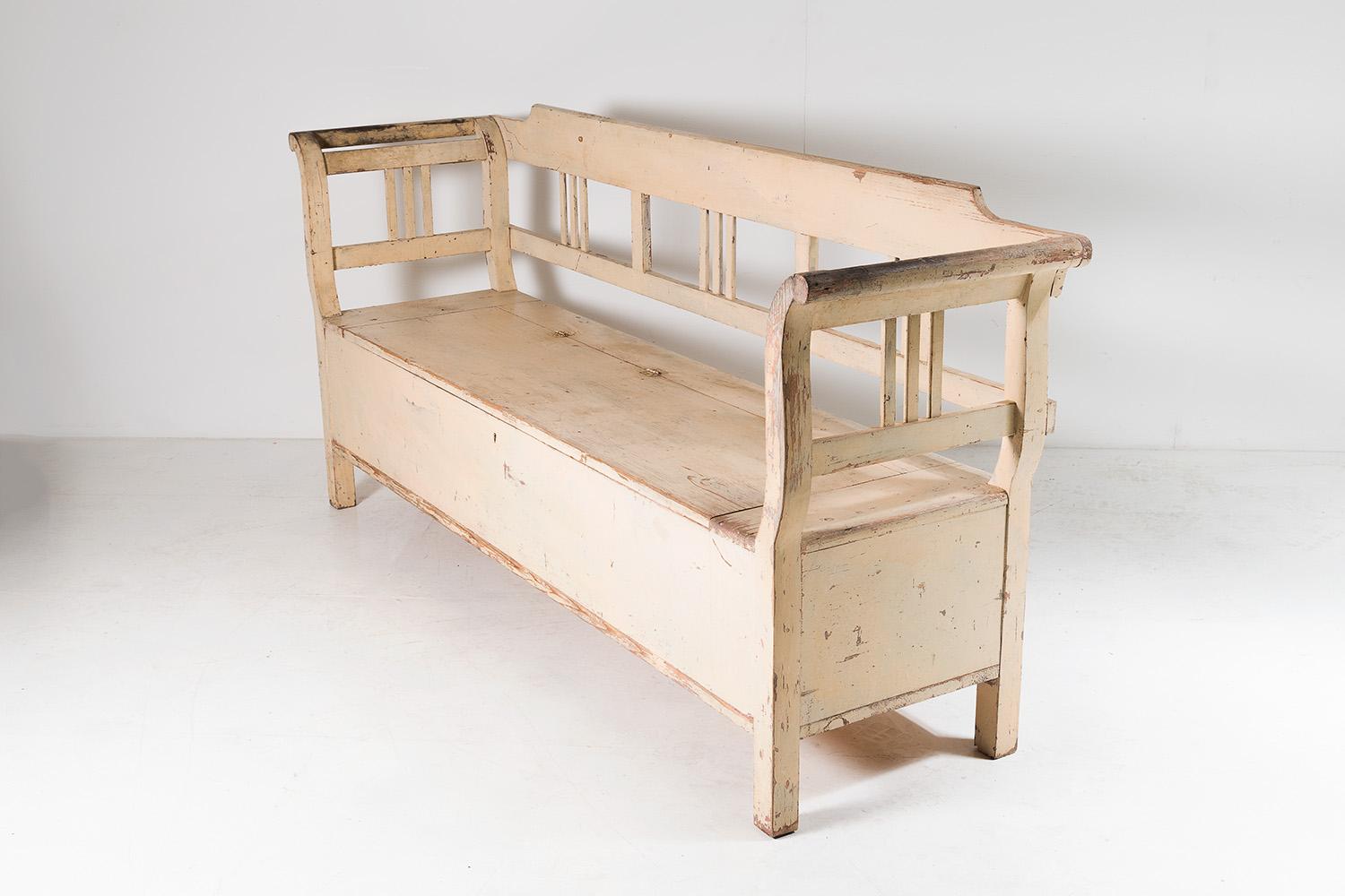 19th Century Original Painted Pine European Box Settle Farmhouse Bench Seat with Storage