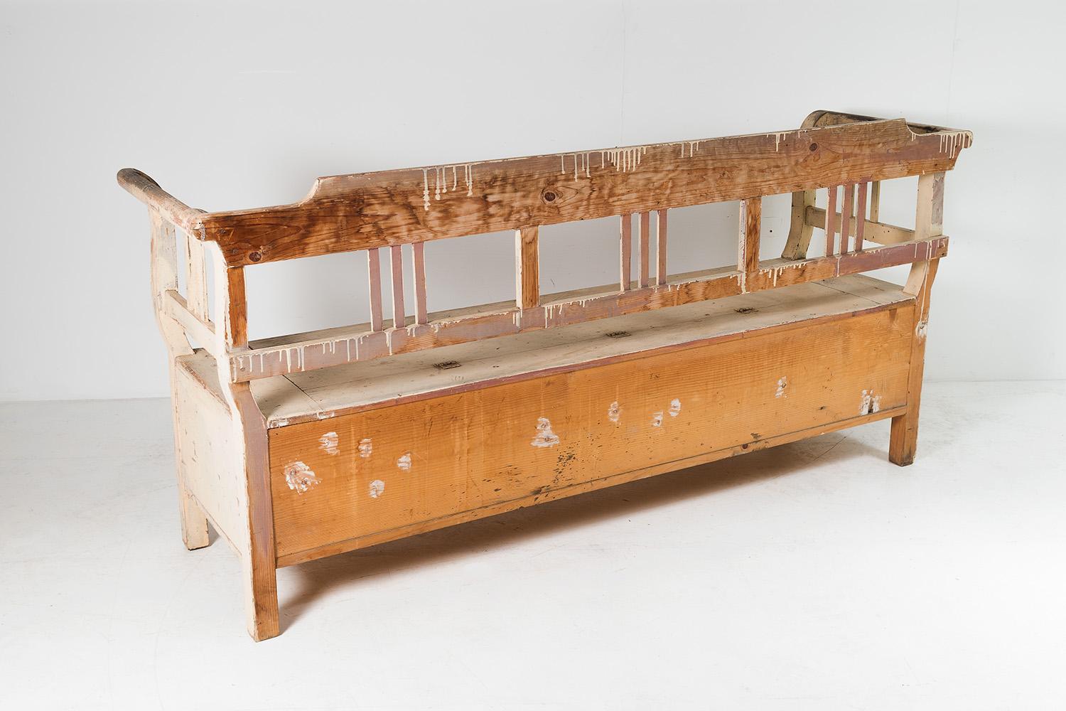 Original Painted Pine European Box Settle Farmhouse Bench Seat with Storage 1