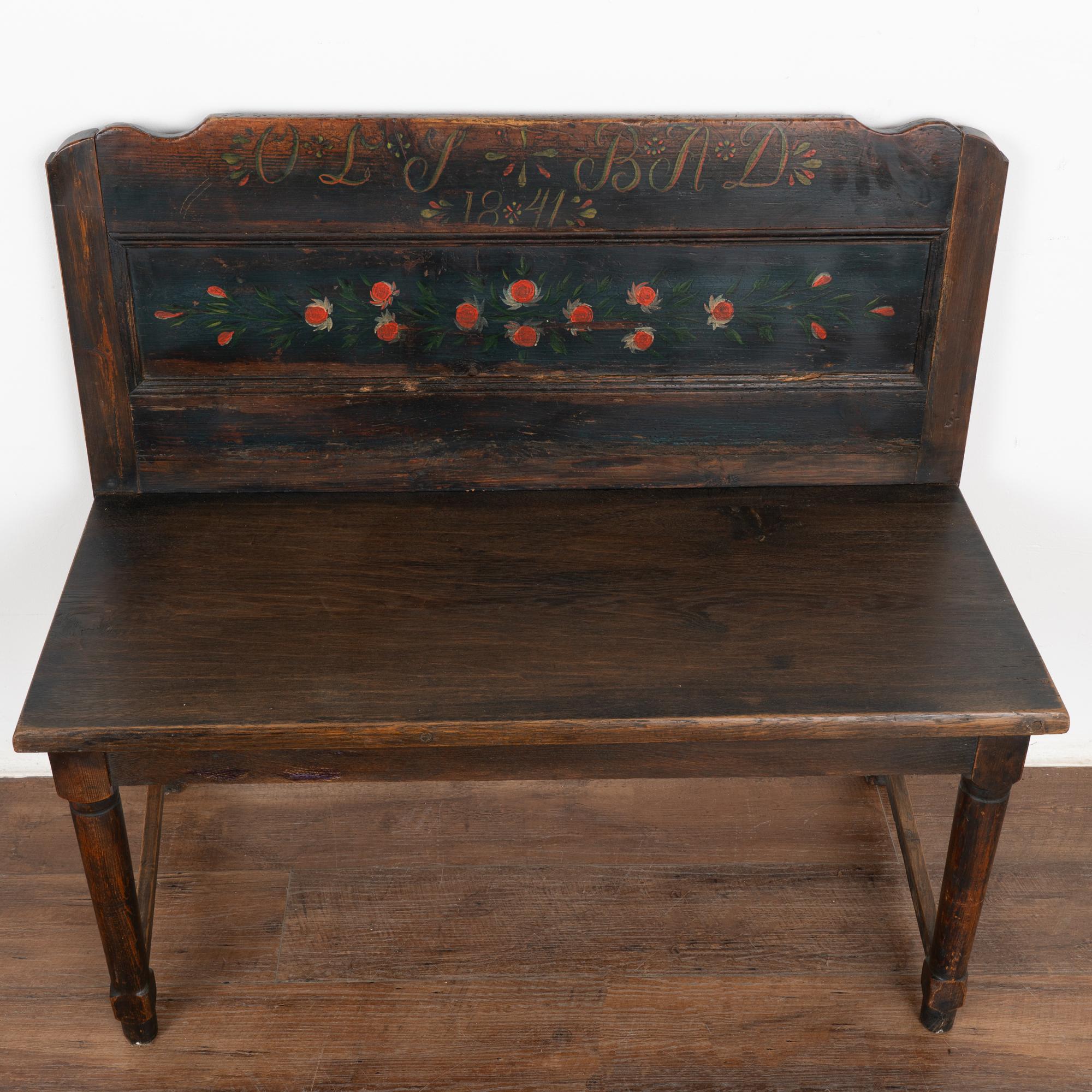 Hungarian Original Painted Small Bench, Hungary Dated 1841 For Sale