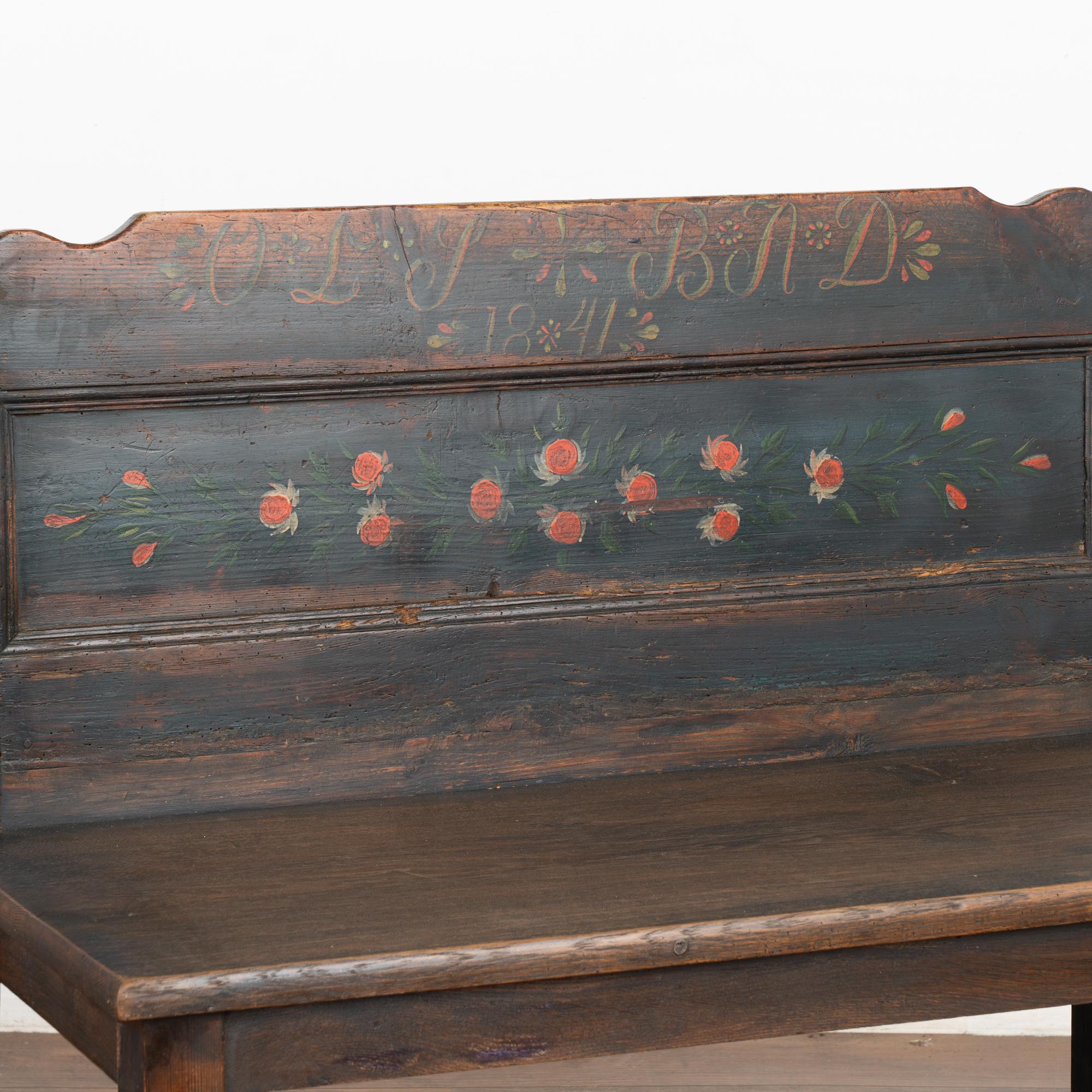 Original Painted Small Bench, Hungary Dated 1841 In Good Condition For Sale In Round Top, TX