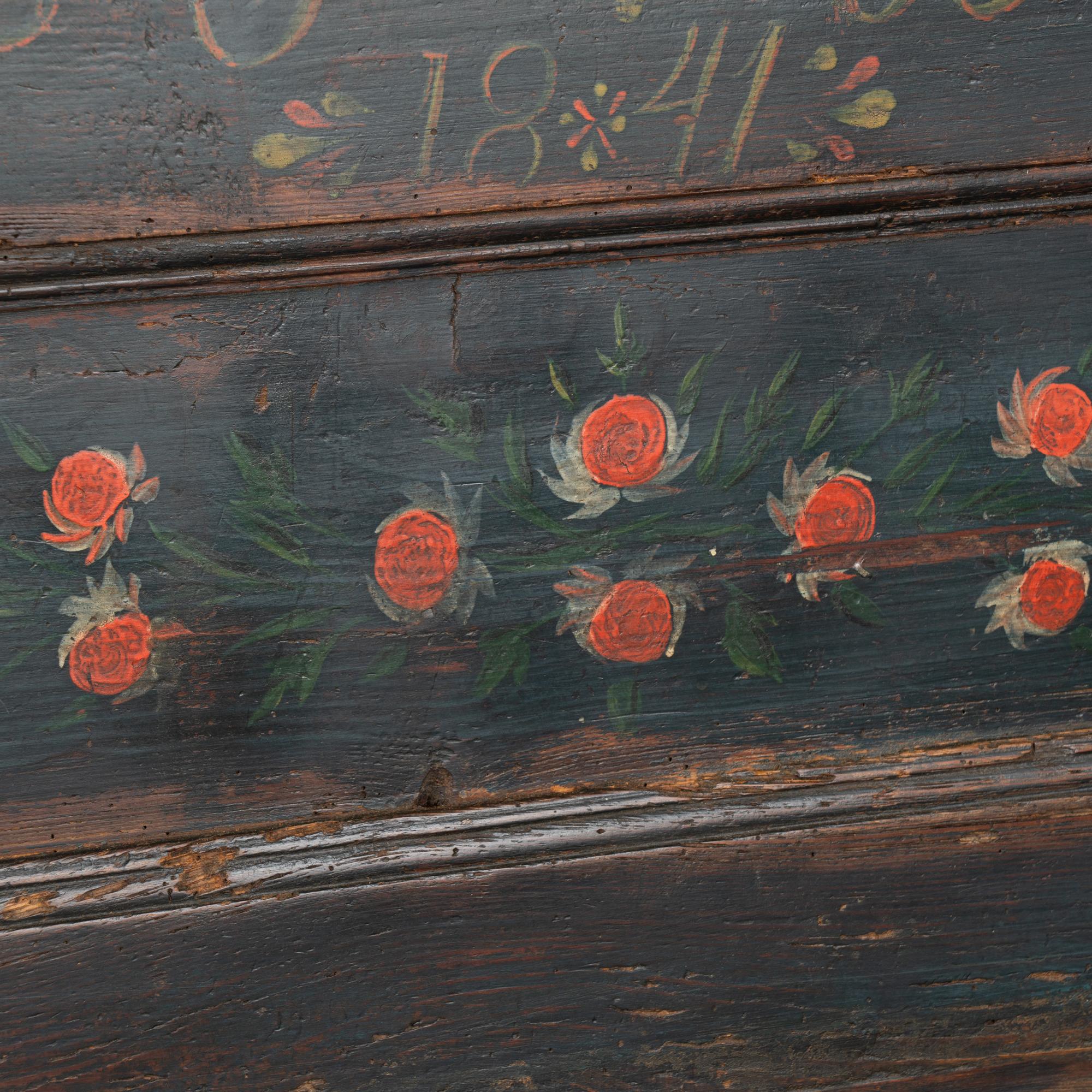 Wood Original Painted Small Bench, Hungary Dated 1841 For Sale