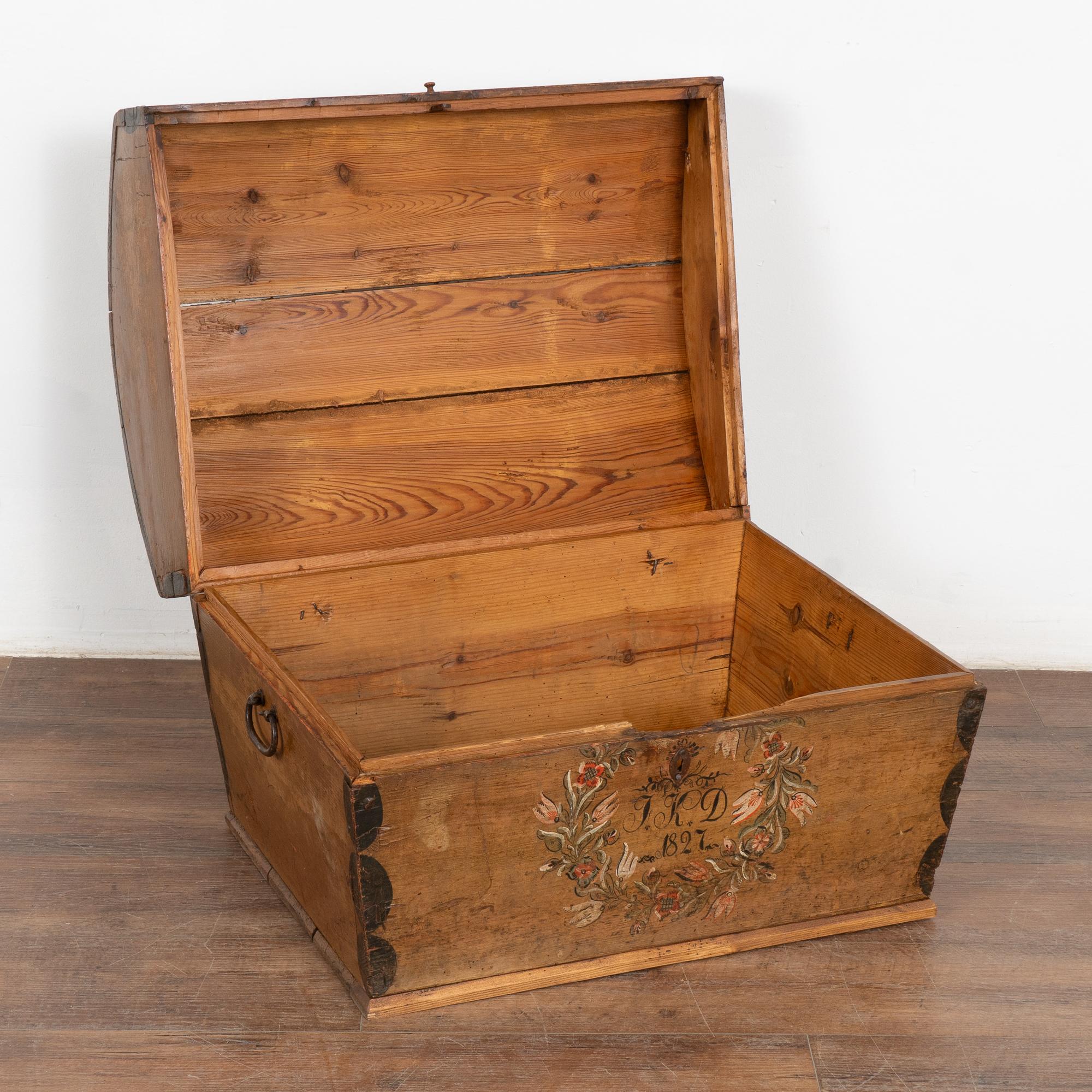 Folk Art Original Painted Small Swedish Pine Dome Top Trunk dated 1827
