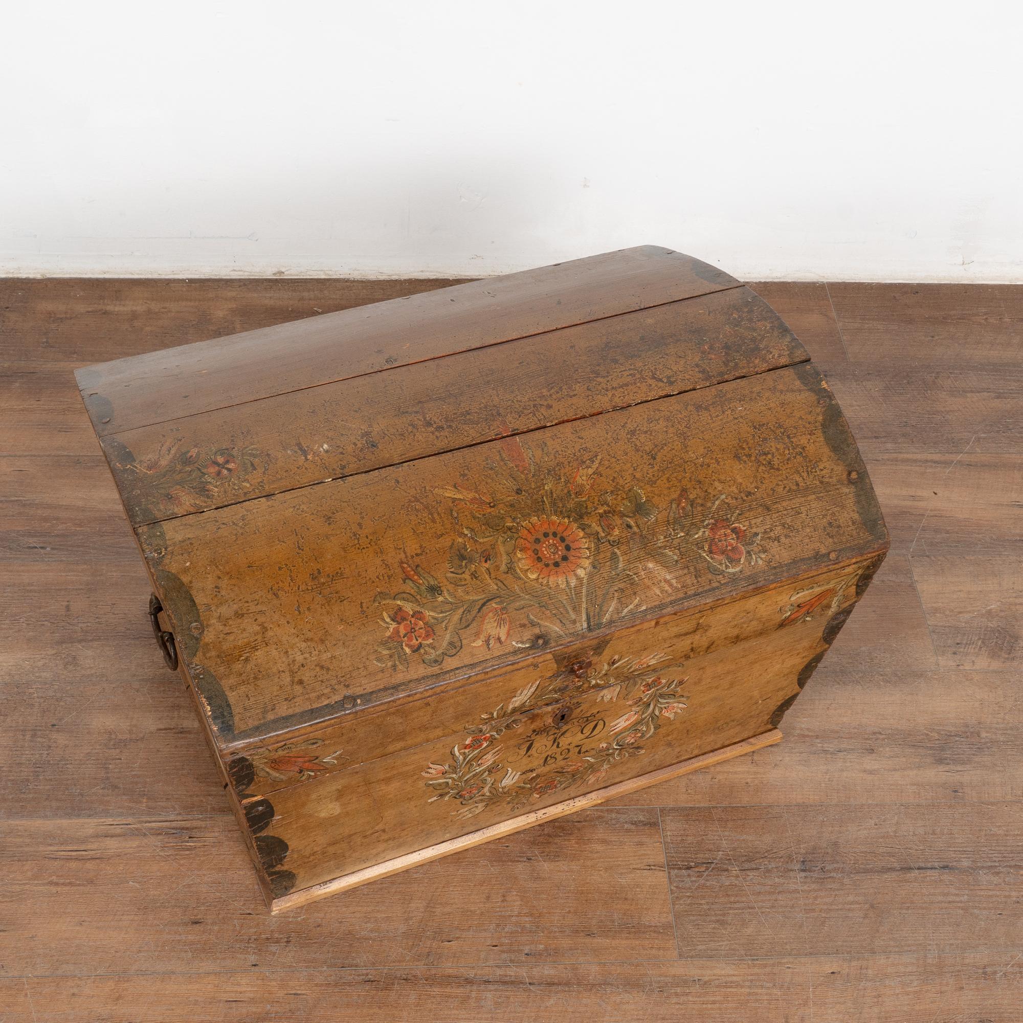 19th Century Original Painted Small Swedish Pine Dome Top Trunk dated 1827