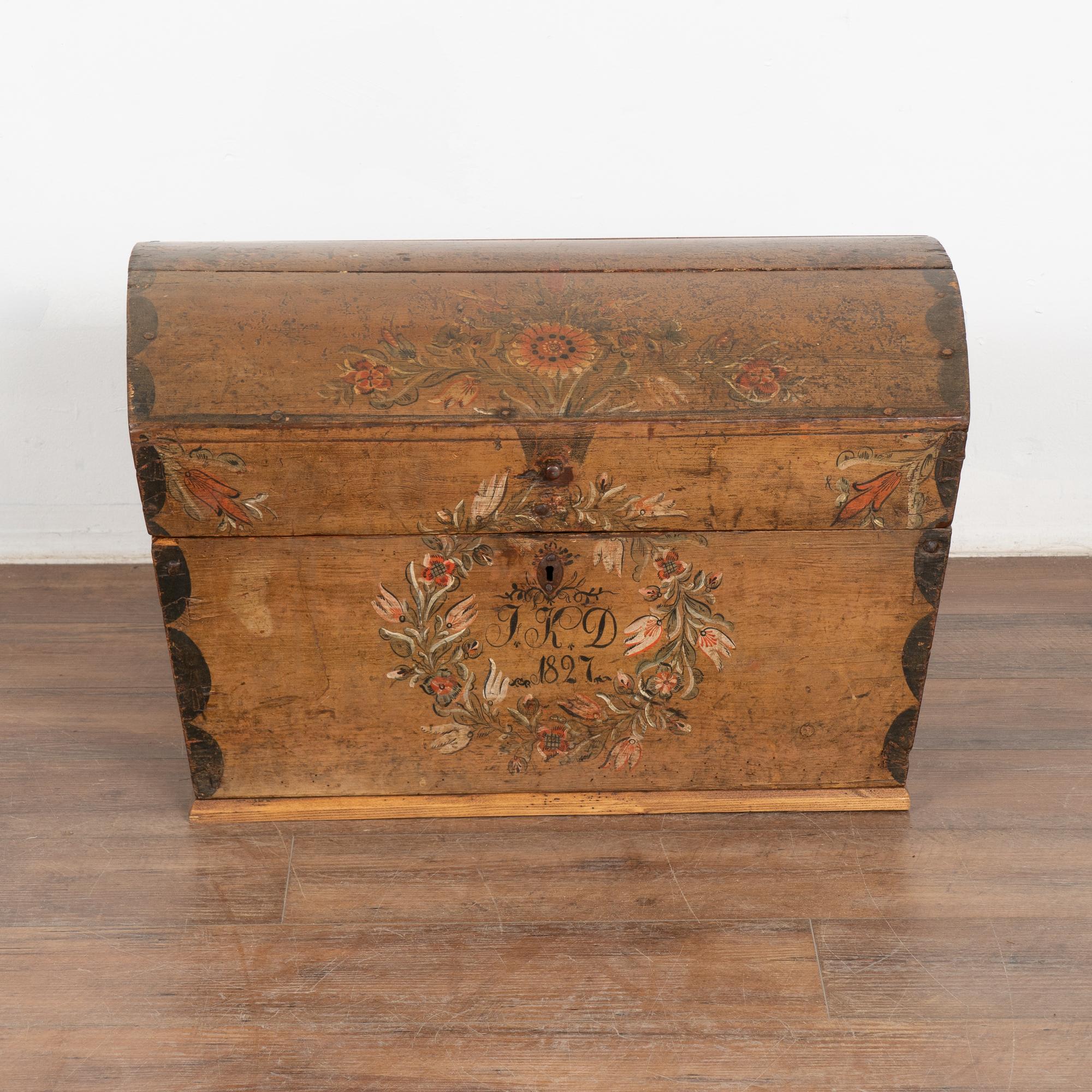 Wrought Iron Original Painted Small Swedish Pine Dome Top Trunk dated 1827