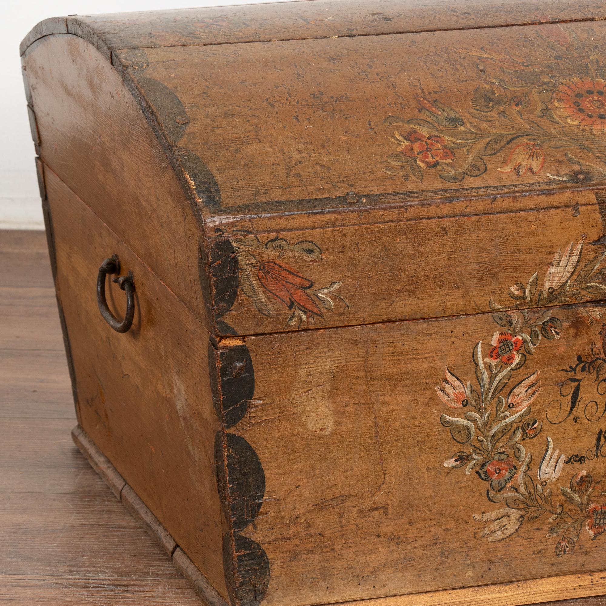 Original Painted Small Swedish Pine Dome Top Trunk dated 1827 1