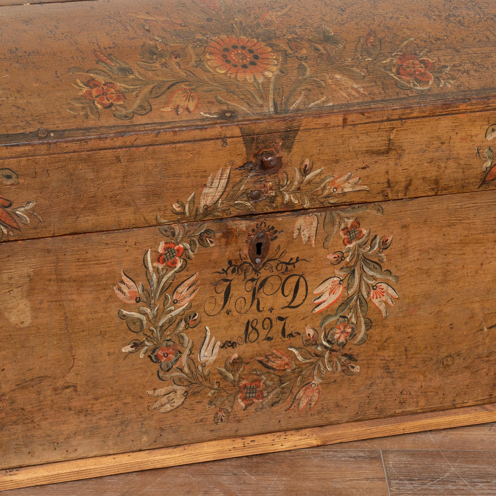 Original Painted Small Swedish Pine Dome Top Trunk dated 1827 2