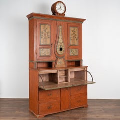 Original Painted Swedish Clock Cabinet With Secretary, Circa 1840