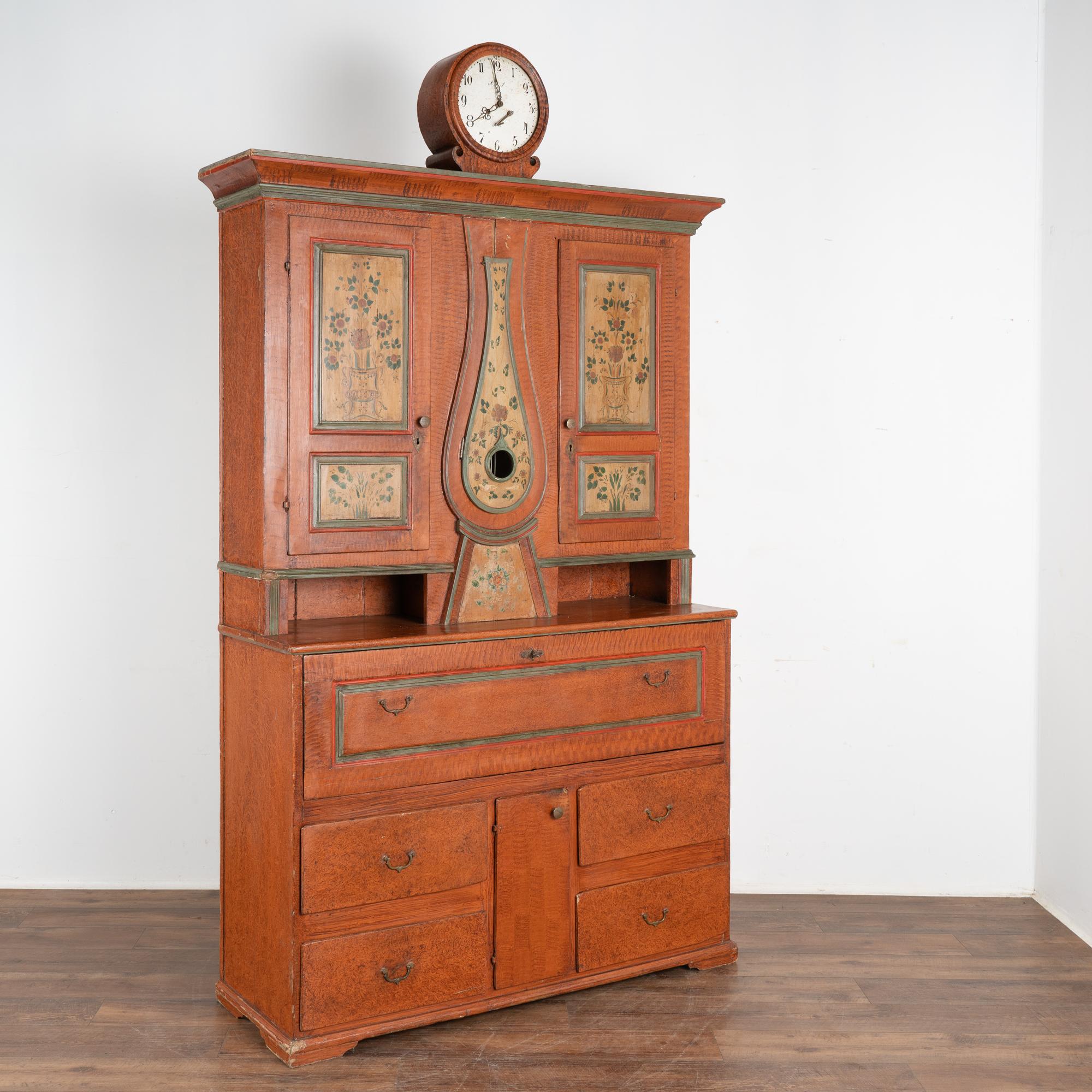 Original Painted Swedish Clock Cabinet With Secretary, Circa 1840 In Good Condition In Round Top, TX