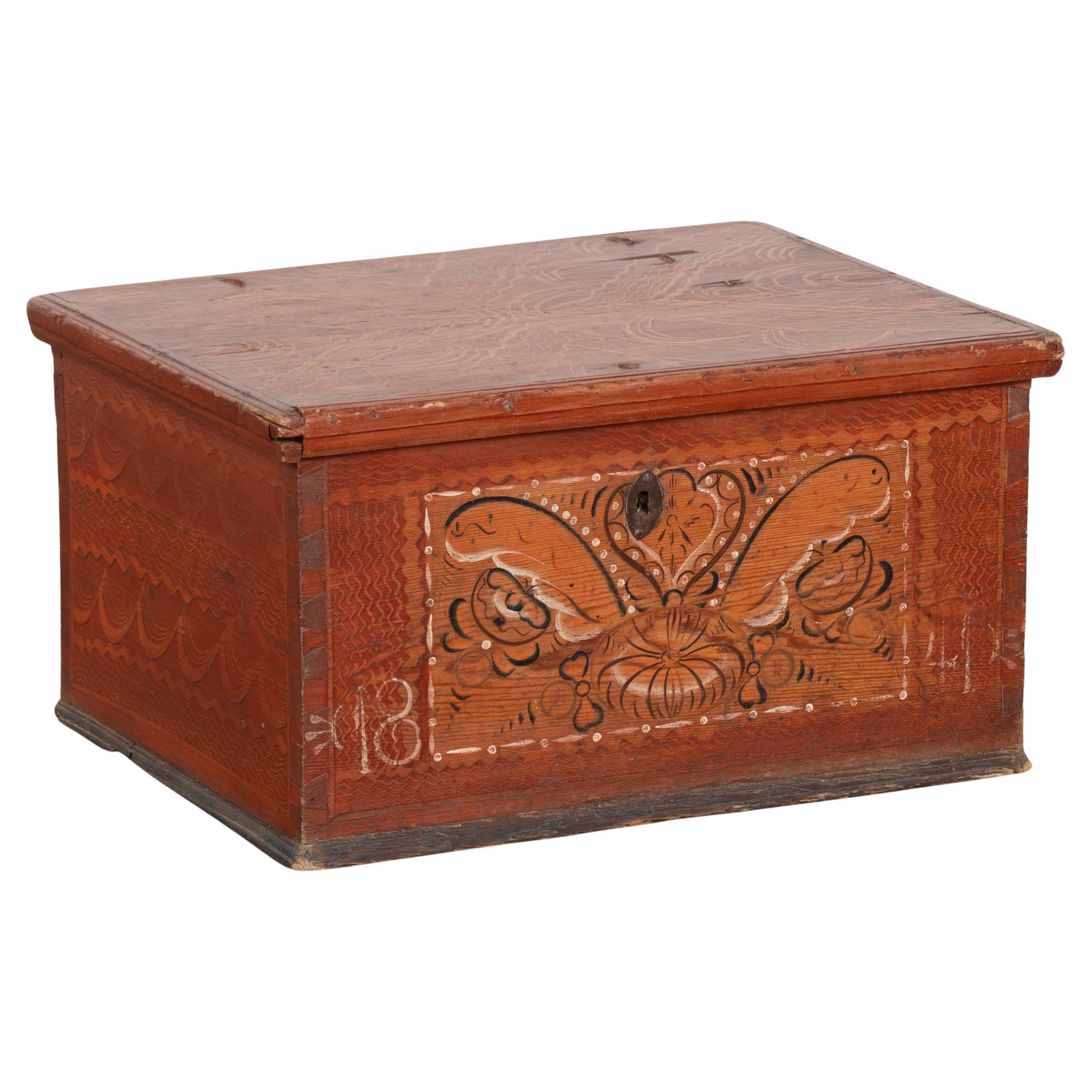 Original Painted Swedish Flat Top Box or Small Trunk, dated 1841