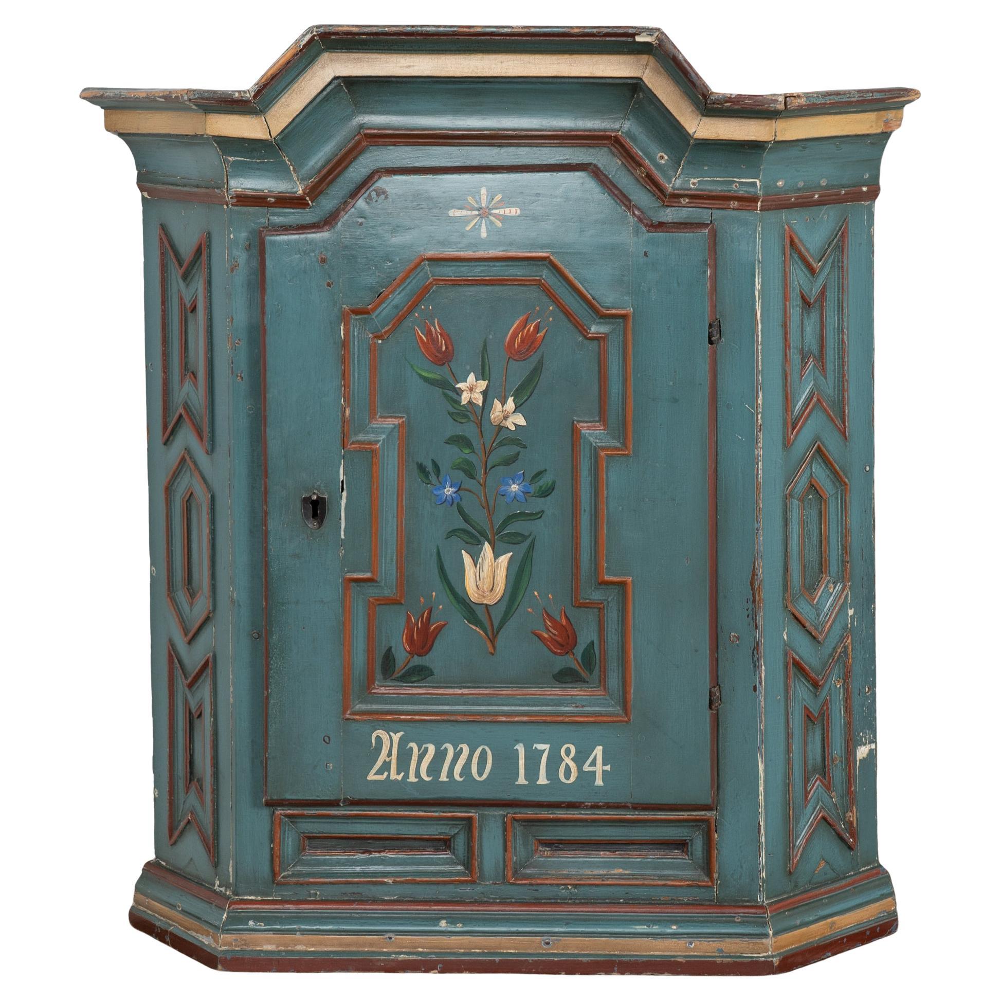 Original Painted Swedish Hanging Corner Cabinet, Dated 1784