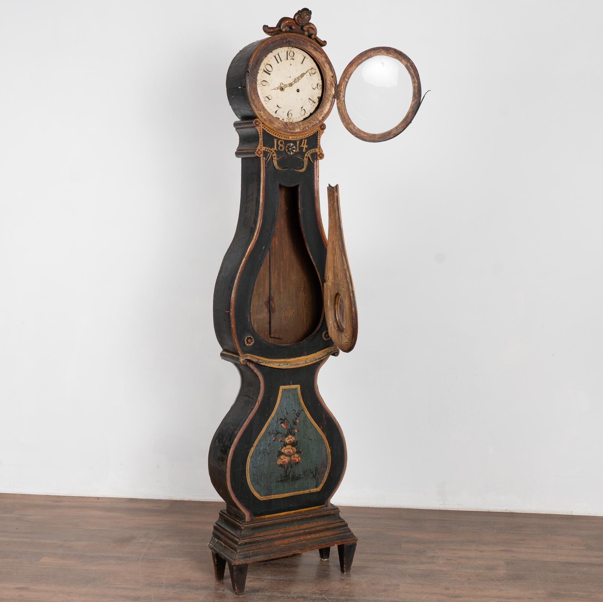 Gustavian Original Painted Swedish Mora Grandfather Clock, dated 1814