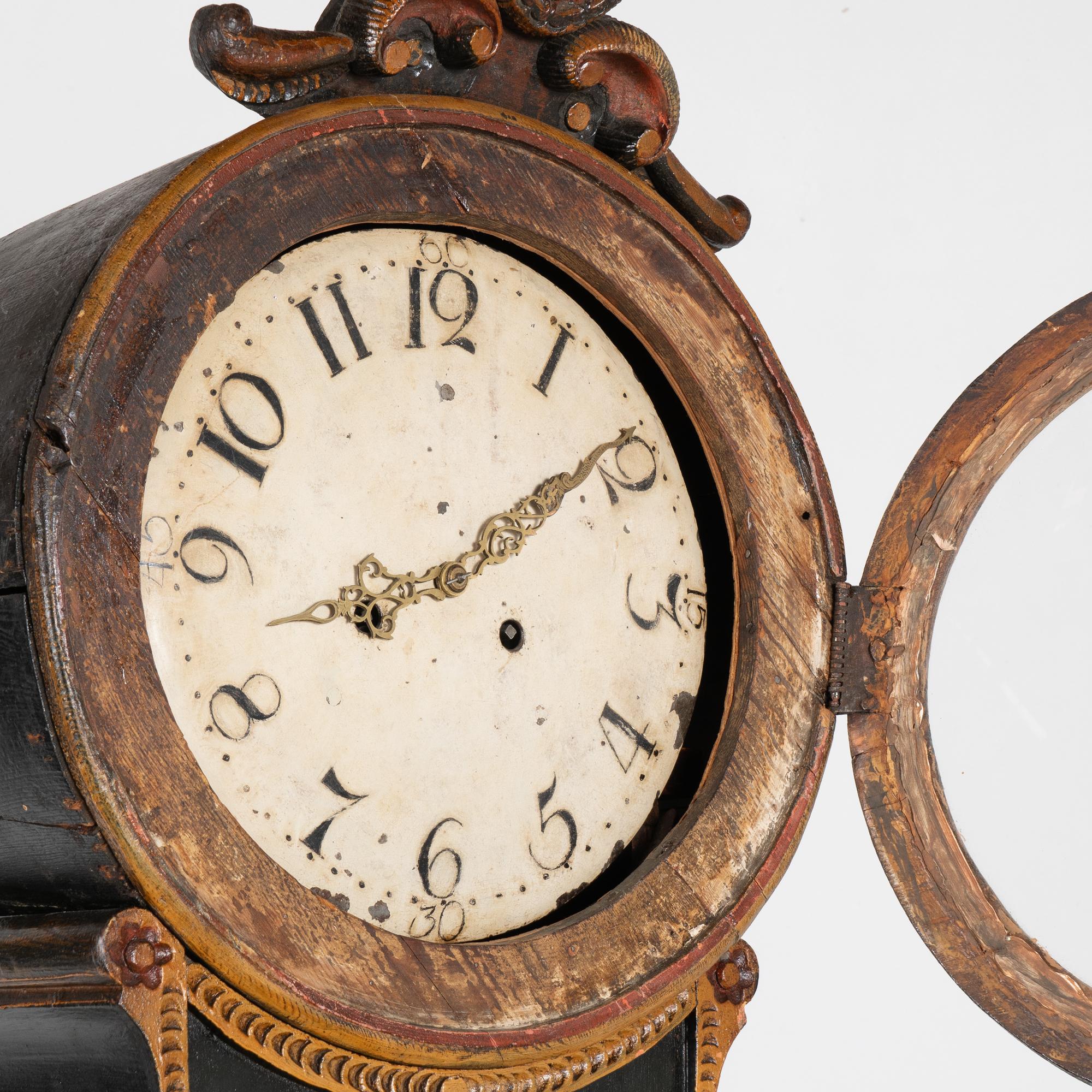 Glass Original Painted Swedish Mora Grandfather Clock, dated 1814