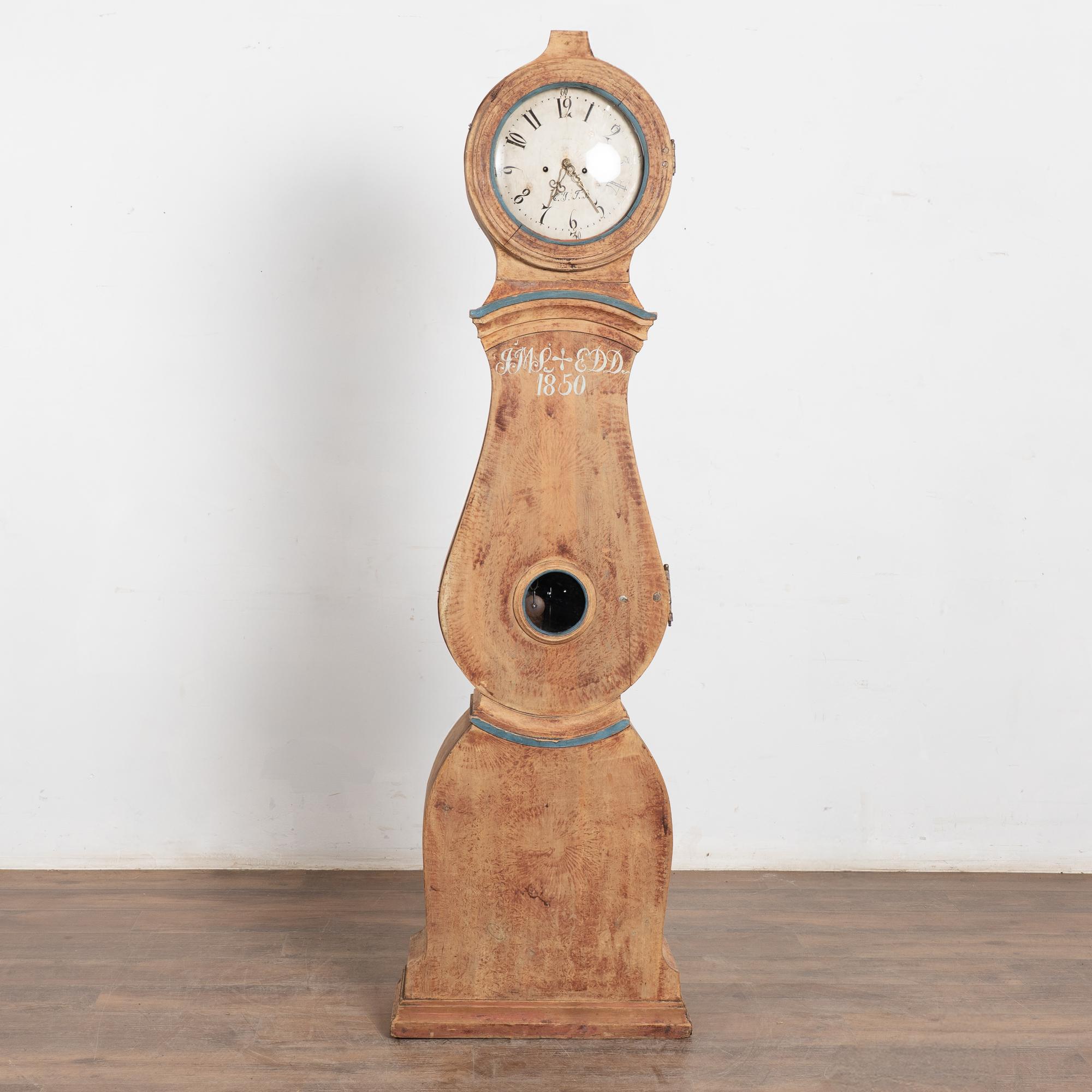 Gustavian Original Painted Swedish Mora Grandfather Clock , Dated 1850 For Sale