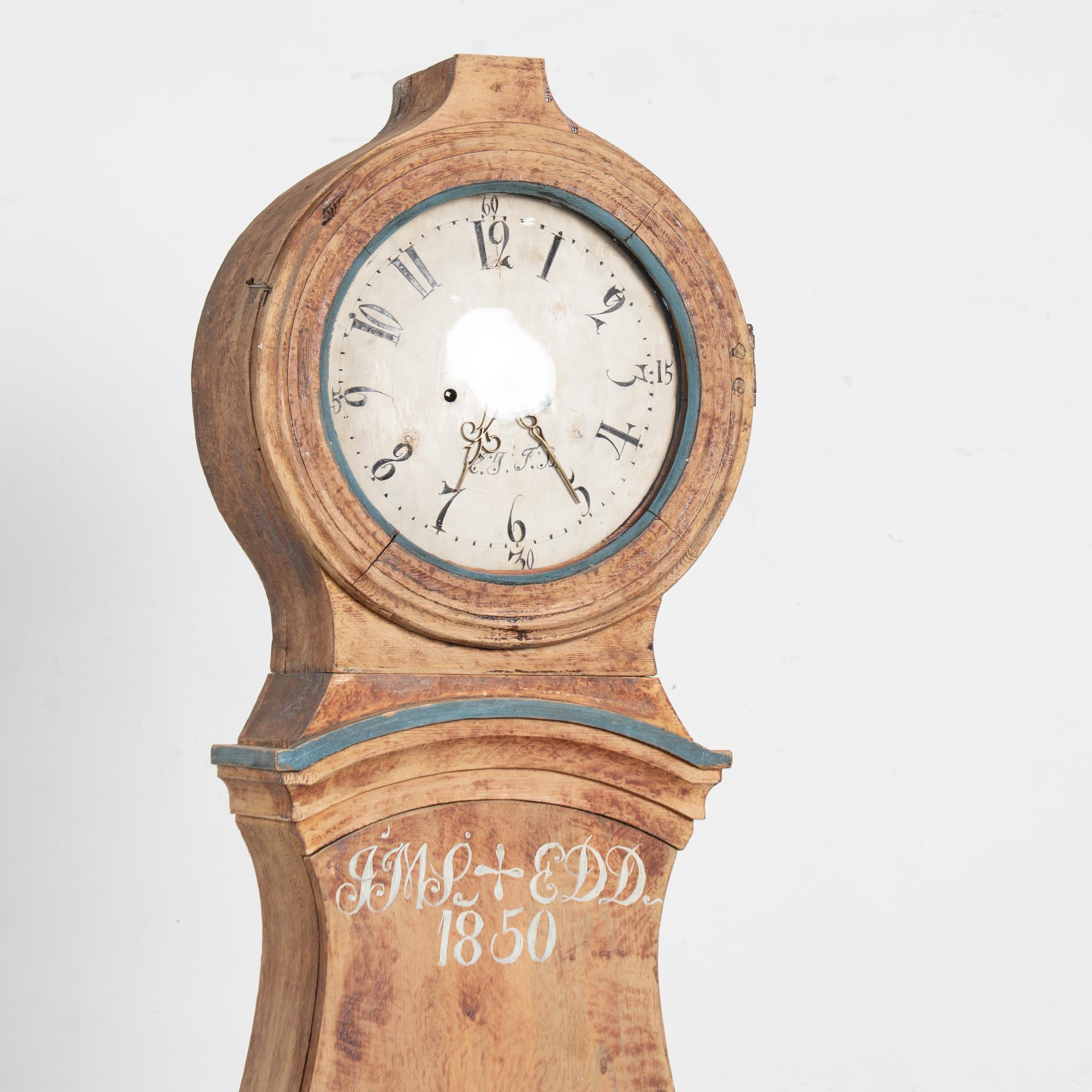 Pine Original Painted Swedish Mora Grandfather Clock , Dated 1850 For Sale