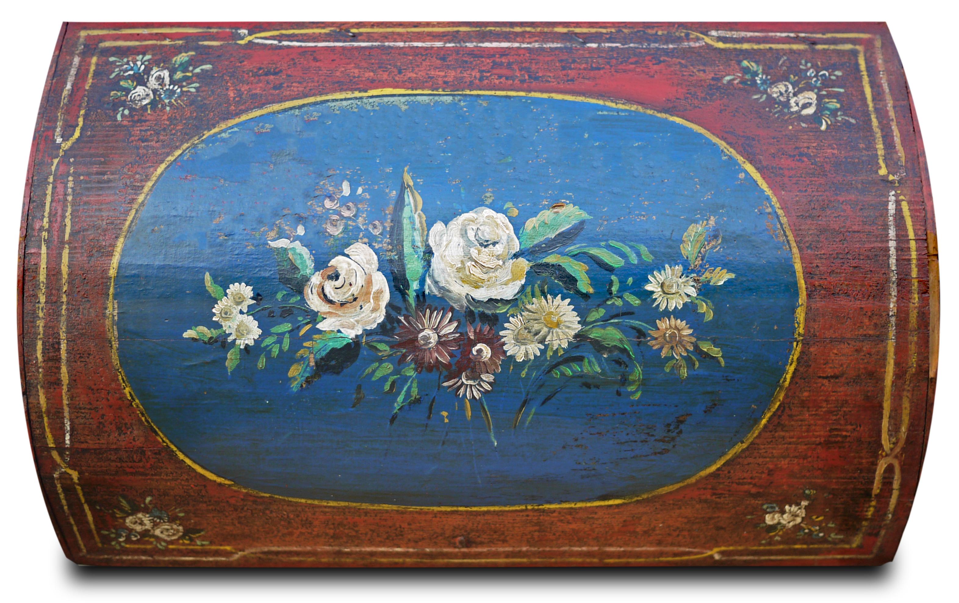 Painted table top box/case

Measures: H.30 cm, W.48 cm, D.32 cm 

Small hand-painted Tyrolean antique box, with red background. Decorated on all sides with floral motifs on a light blue background.

Tyrol, early 19th century.