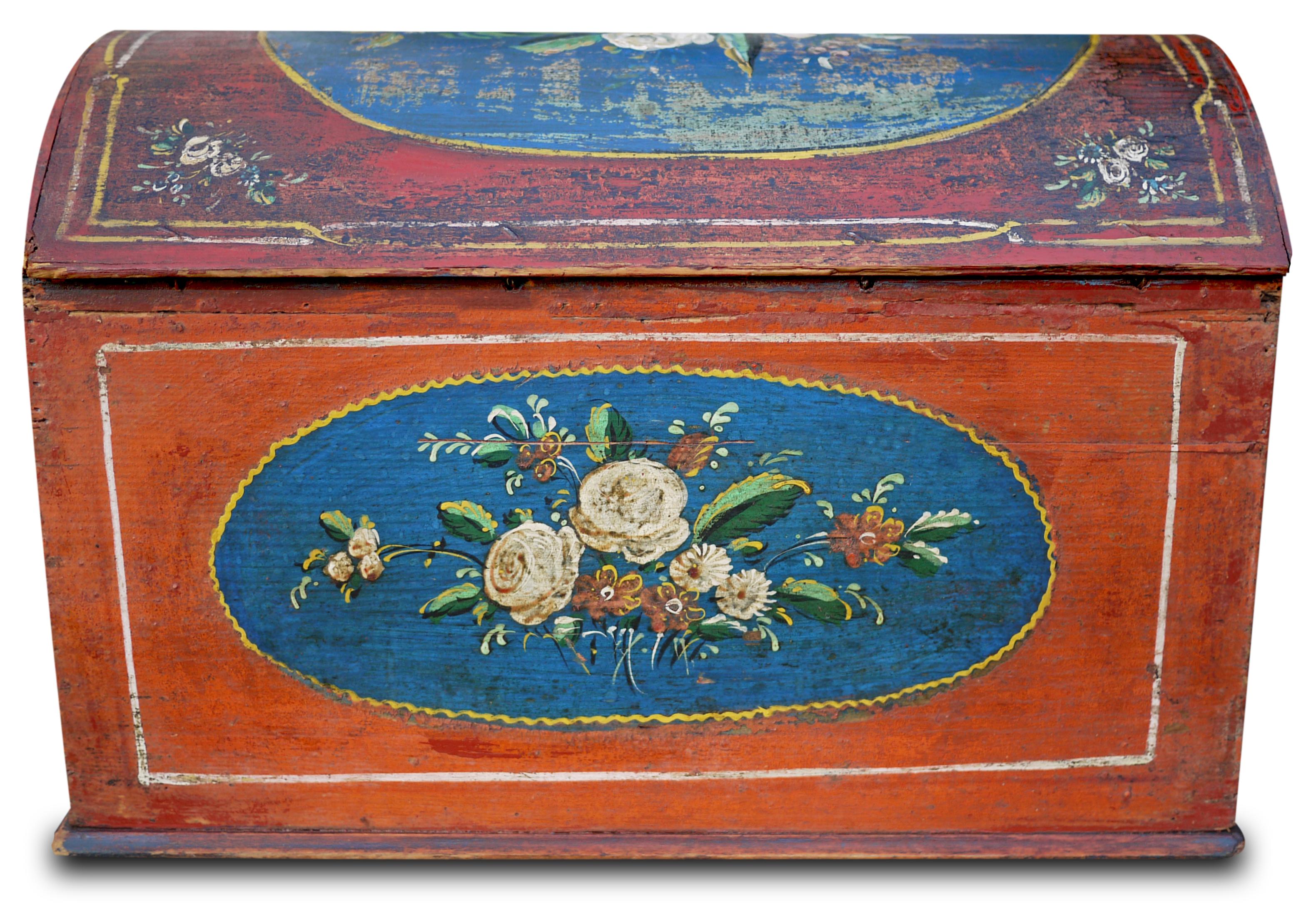 Folk Art 1810 Table Box, Red Floral Painted, Central Europe For Sale
