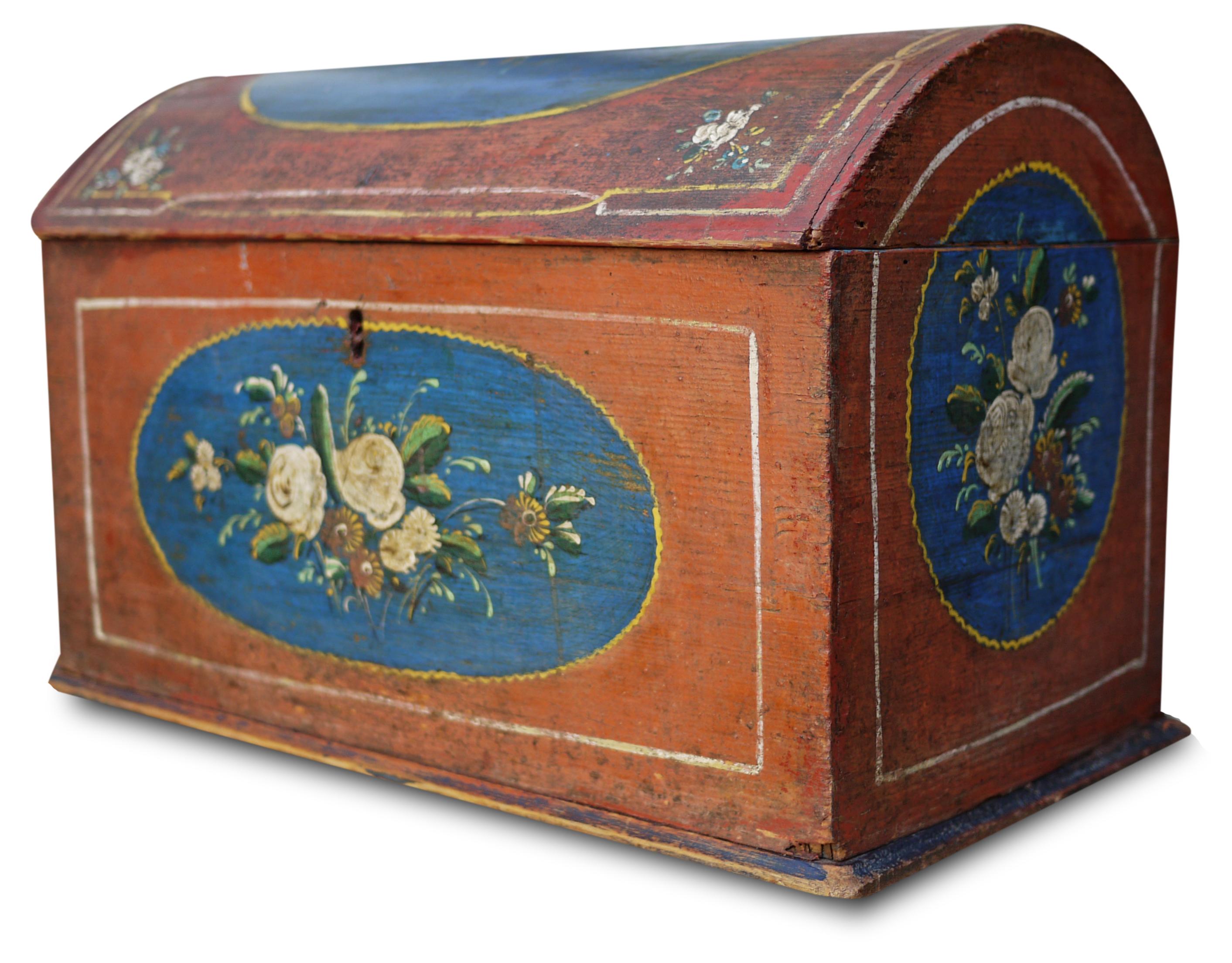 Italian 1810 Table Box, Red Floral Painted, Central Europe For Sale