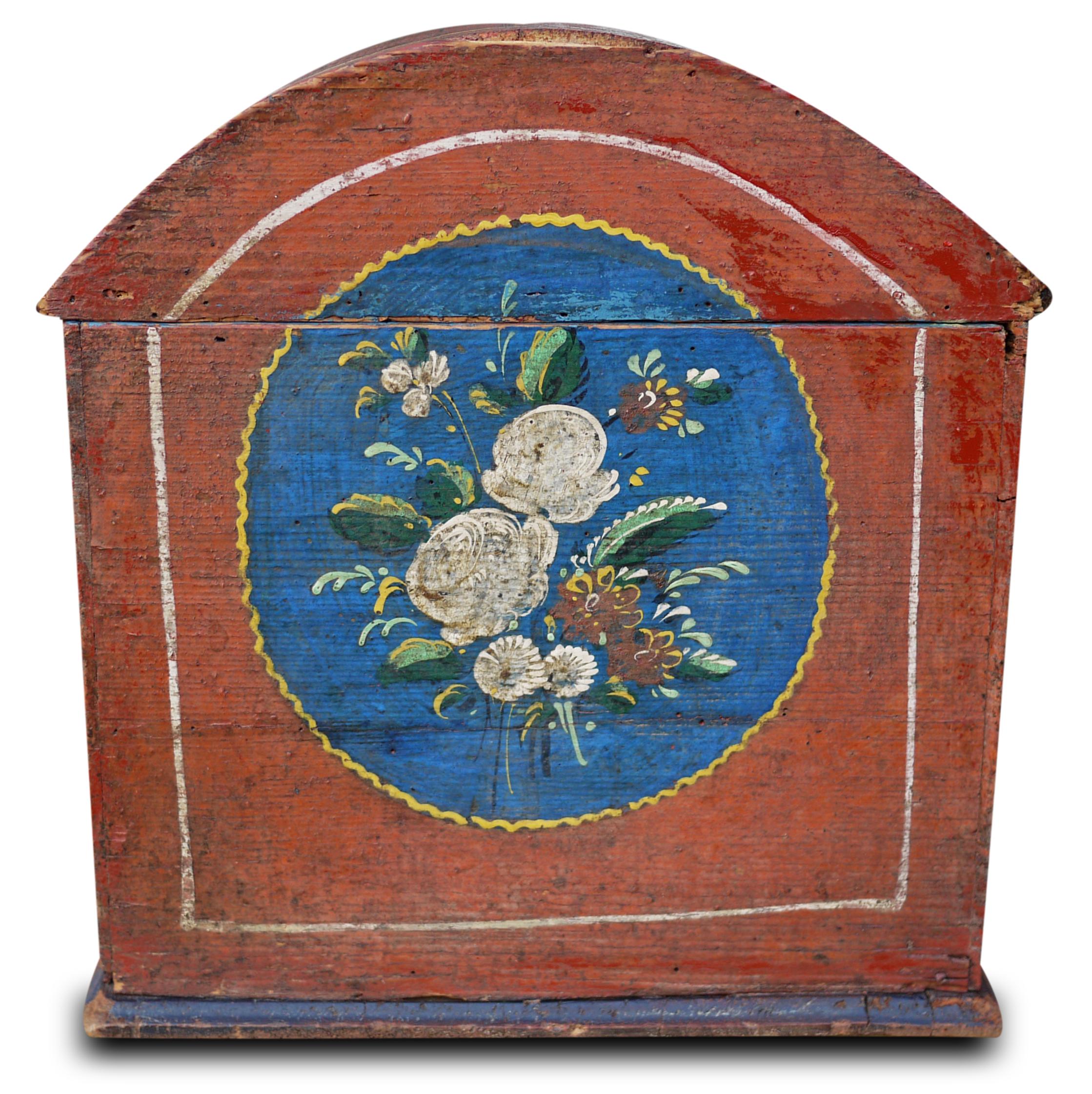Fir 1810 Table Box, Red Floral Painted, Central Europe For Sale