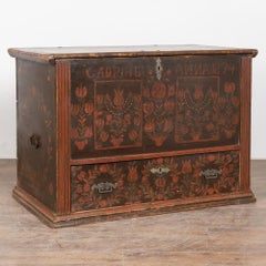 Original Painted Tall Pine Flat Top Trunk dated 1874