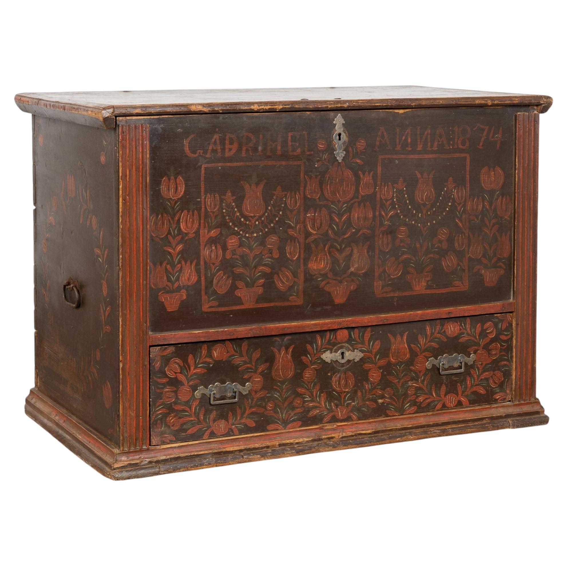 Original Painted Tall Pine Flat Top Trunk dated 1874 For Sale