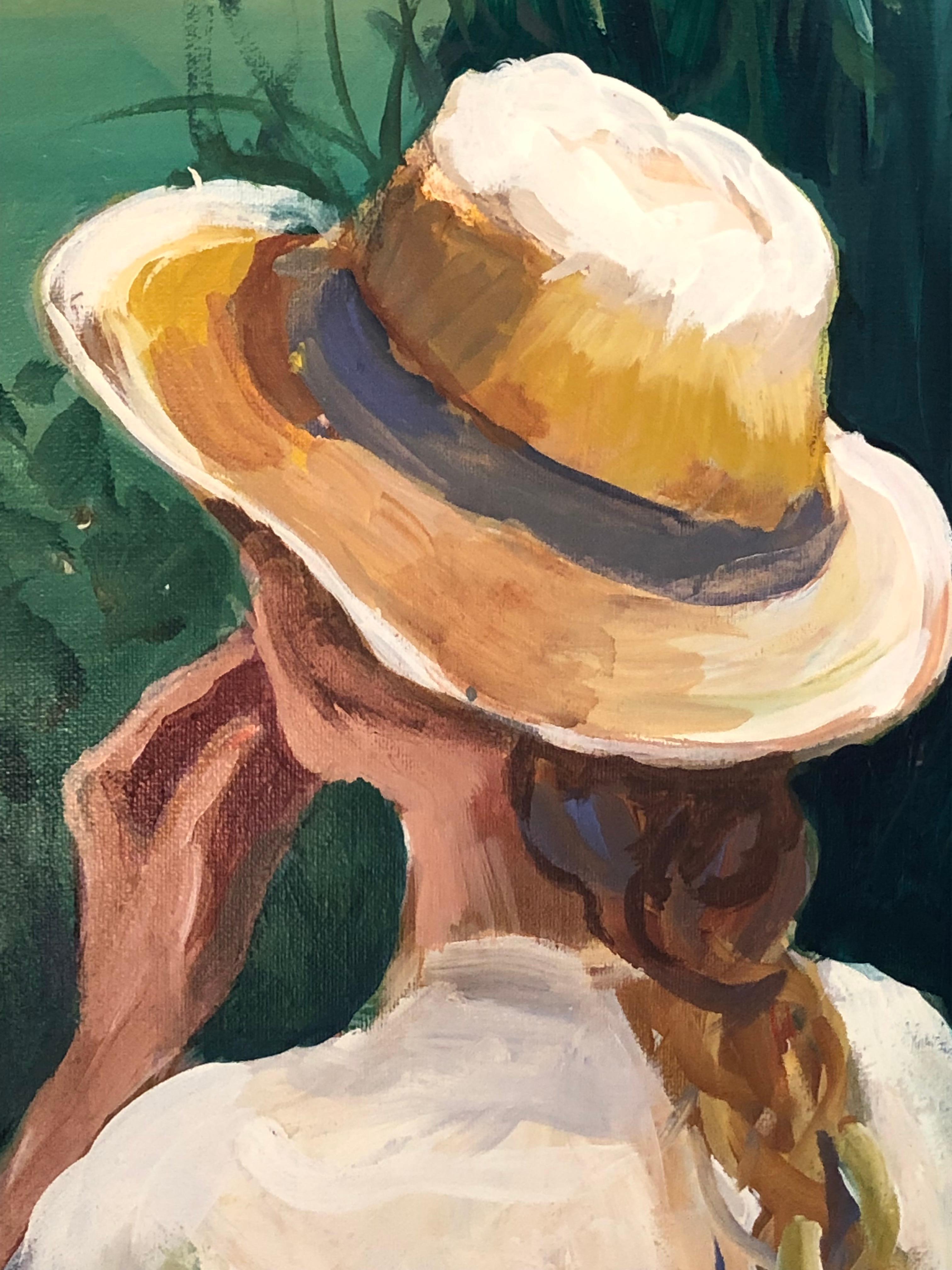 Large charming and graphic original painting by California artist Bonnie Lowe Duffebach, 1923-2017. Subject is a young woman with long braid and hat, seen from the back, gazing at a bucolic landscape.
Duffebach owned the Queen of Arts Gallery in