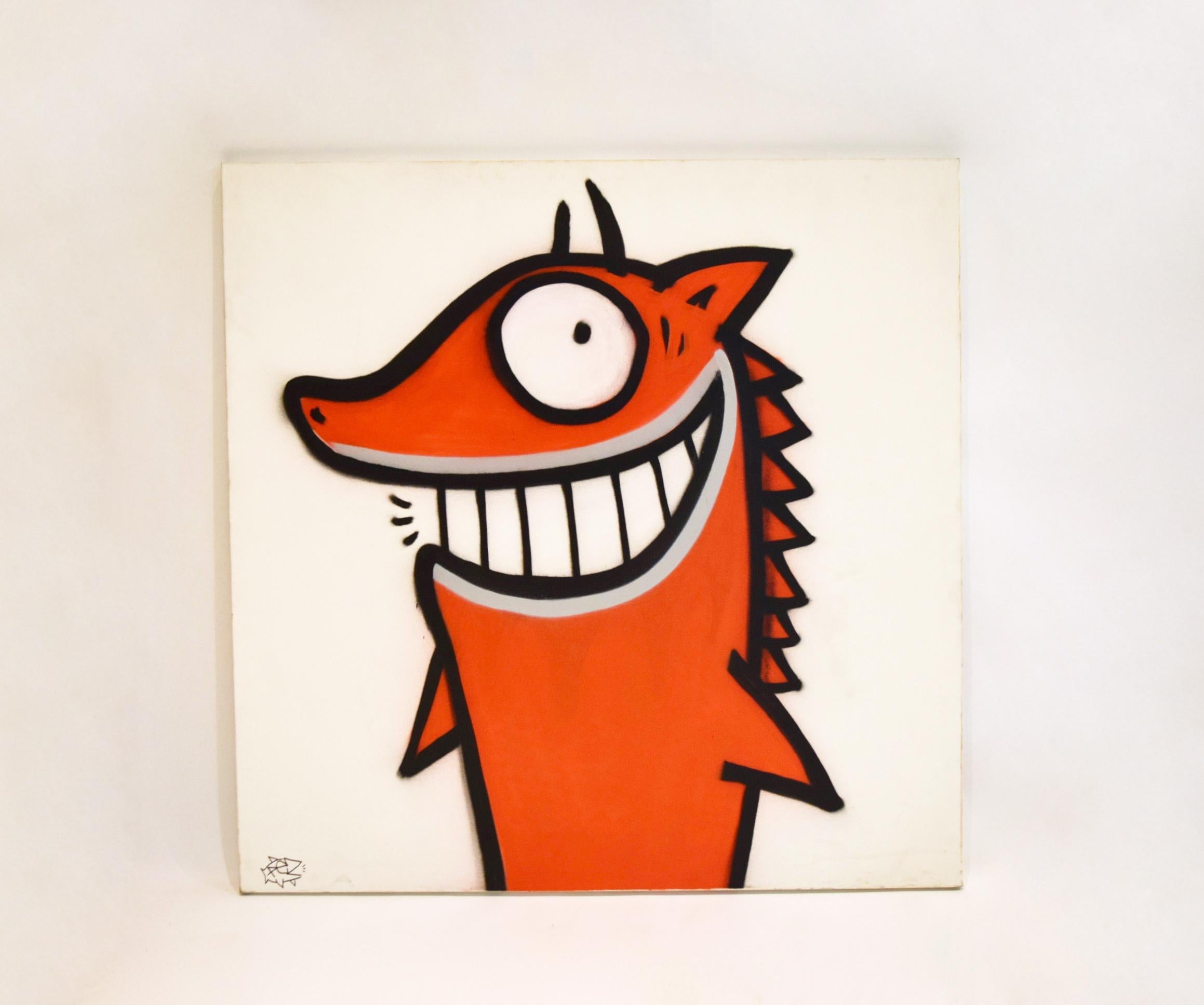 Commissioned painting on canvas by Spanish graffiti artist PEZ depicting a single red fish in his signature 'happy style' and signed on the back.