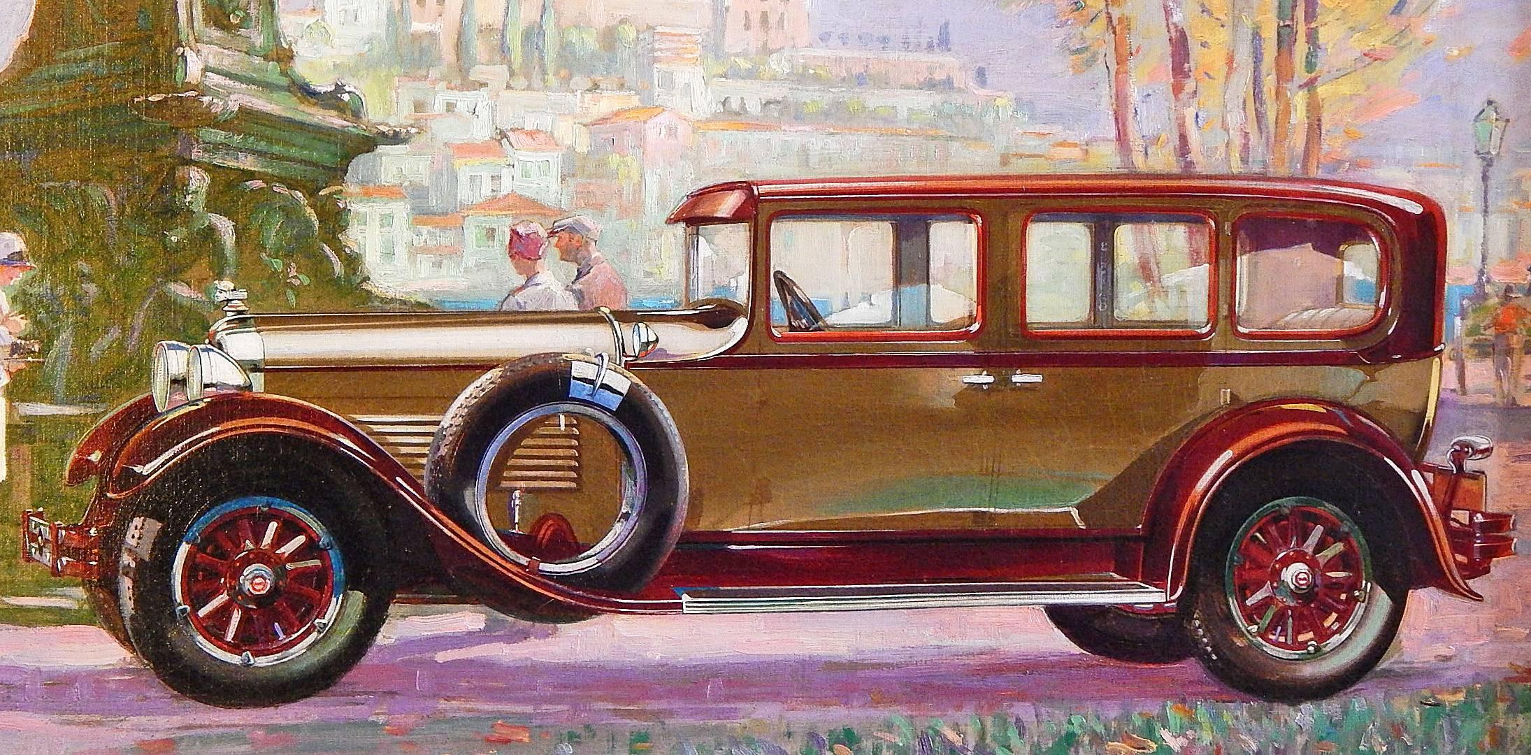 Masterfully painted and full of light and color, this oil painting depicting a 1928 Packard automobile, the height of Art Deco style and elegance toward the end of the Depression, is set on the edge of a park with a monumental bronze sculpture