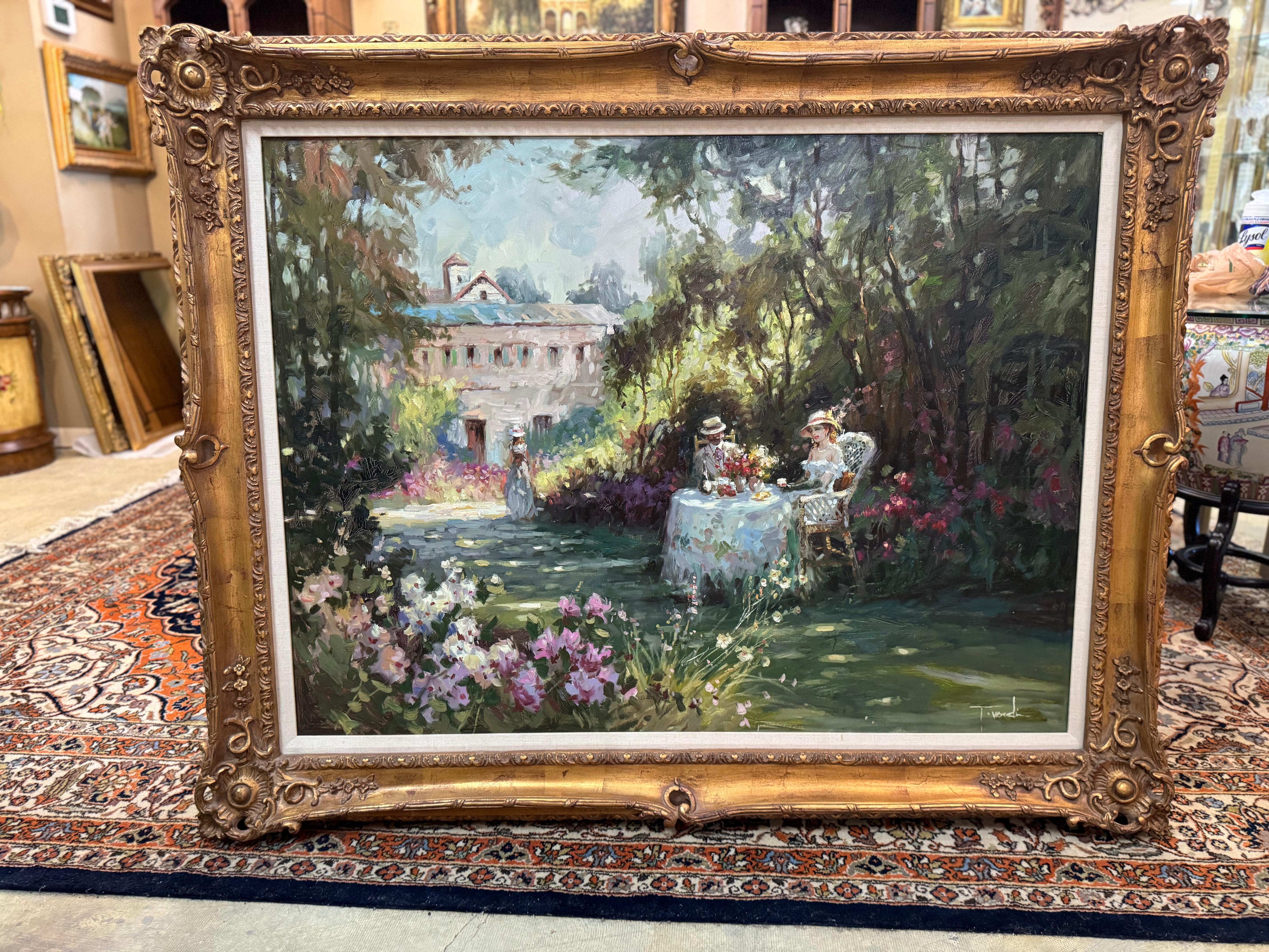 Peinture originale inspirée d'un musée  peinture du -8ème siècle, rareté d'une peinture à l'huile dans un style impressionniste, dans un cadre d'or orné. Le tableau est signé dans le coin inférieur droit, probablement par un artiste nommé 