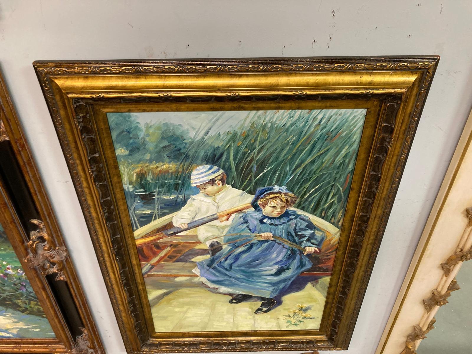 



Peinture originale inspirée de l'œuvre de l'artiste J Hamilton représentant deux enfants dans une barque, souvent attribuée à l'artiste du 20e siècle J. Hamilton.
La peinture représente deux enfants, un garçon et une fille, dans ce qui semble