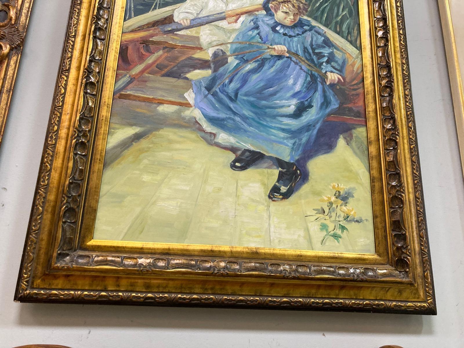 Classique américain Peinture originale inspirée de l'œuvre de l'artiste J Hamilton représentant deux enfants dans une barque. en vente