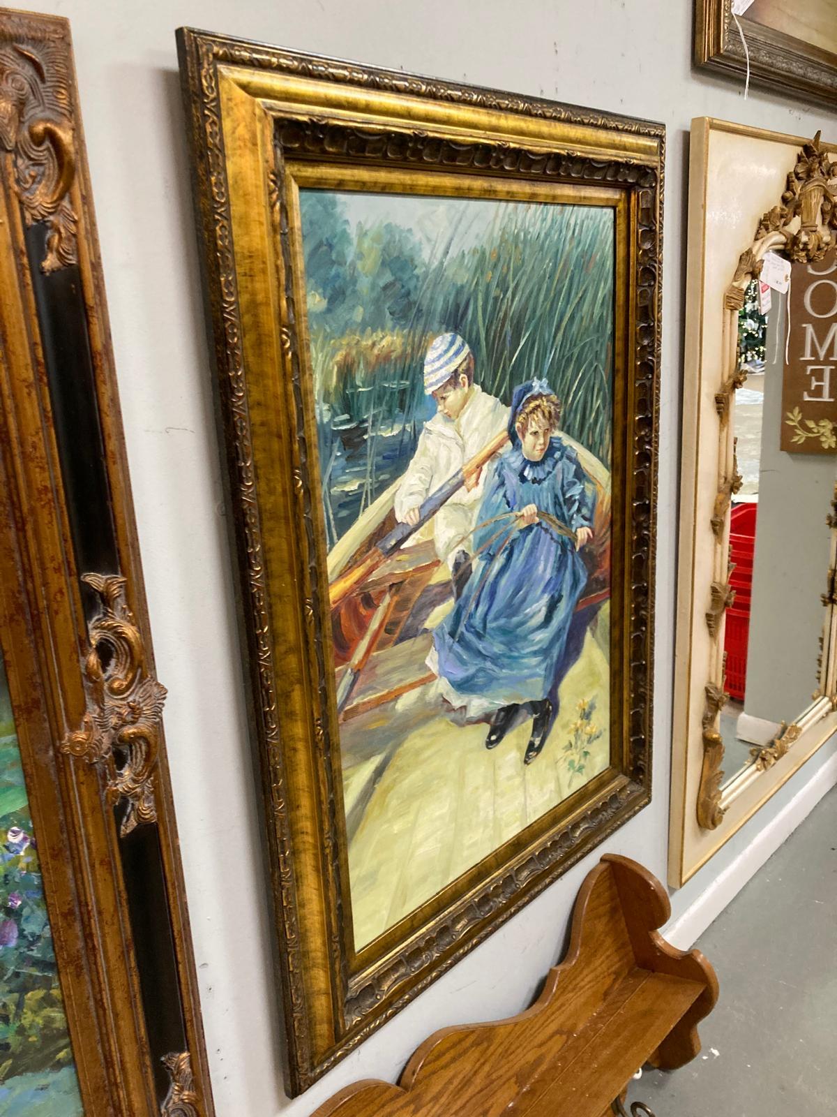 Américain Peinture originale inspirée de l'œuvre de l'artiste J Hamilton représentant deux enfants dans une barque. en vente