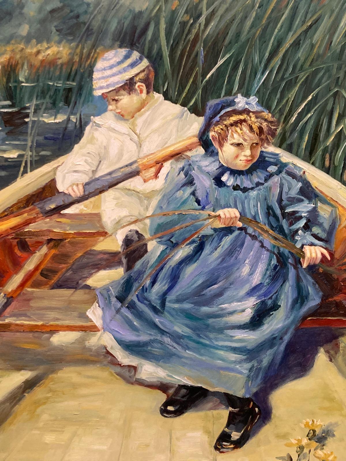 Peinture originale inspirée de l'œuvre de l'artiste J Hamilton représentant deux enfants dans une barque. Bon état - En vente à Birmingham, AL