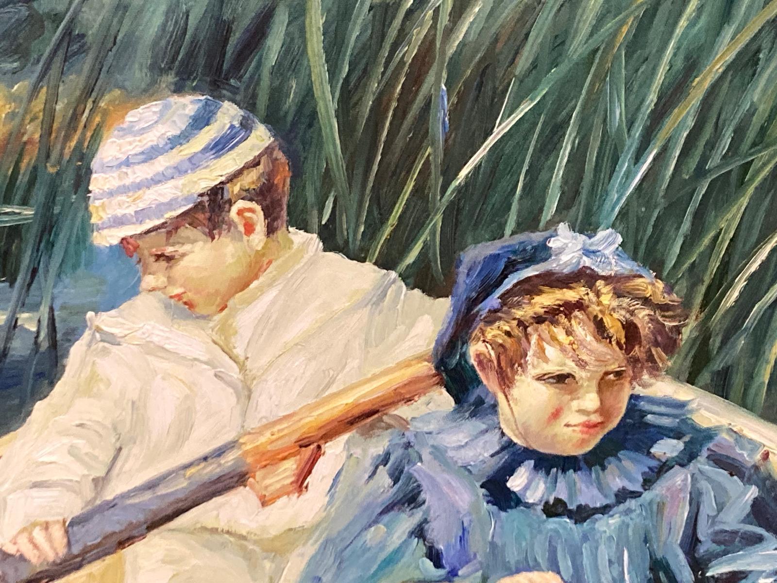 20ième siècle Peinture originale inspirée de l'œuvre de l'artiste J Hamilton représentant deux enfants dans une barque. en vente