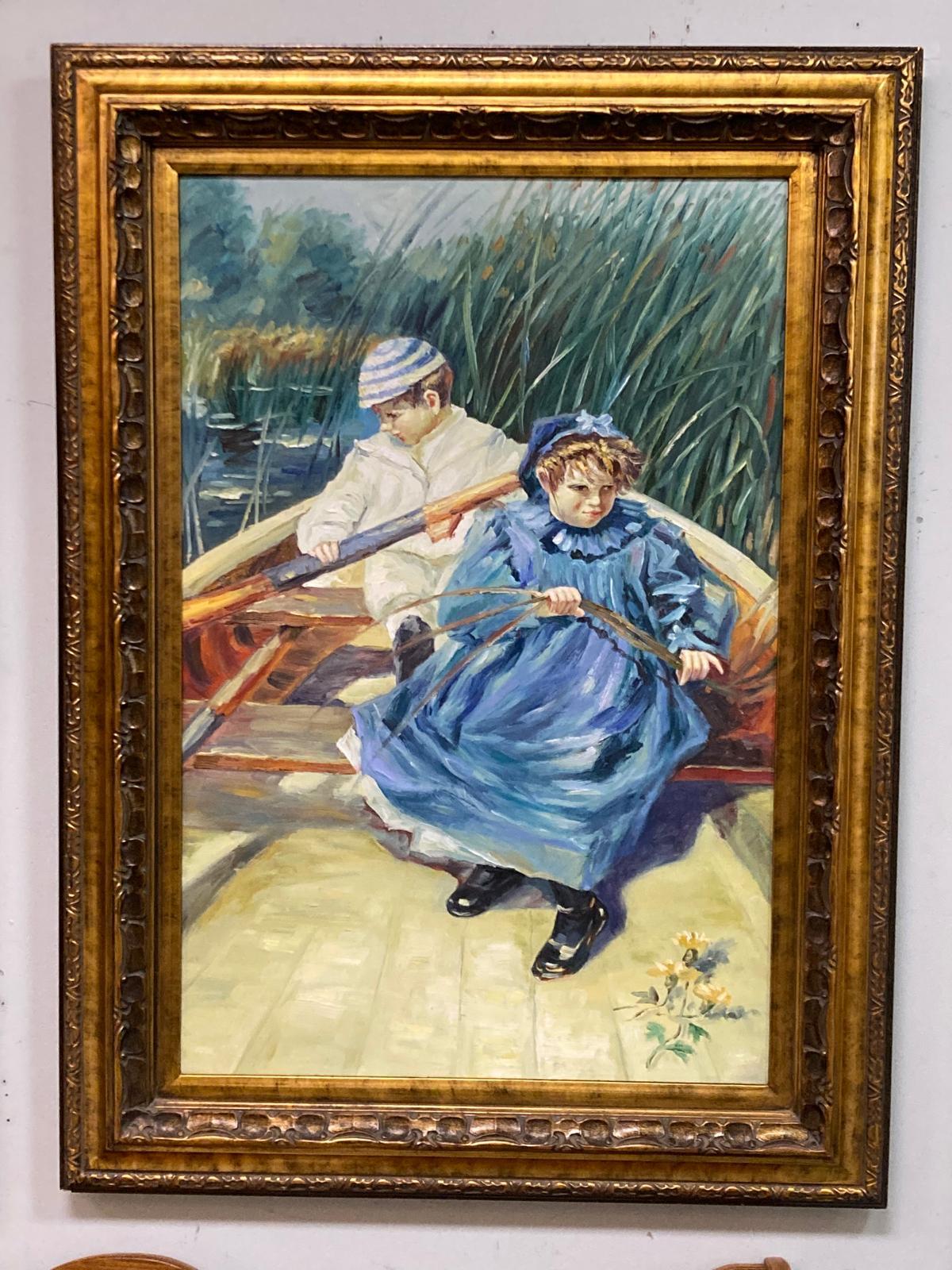 Toile Peinture originale inspirée de l'œuvre de l'artiste J Hamilton représentant deux enfants dans une barque. en vente