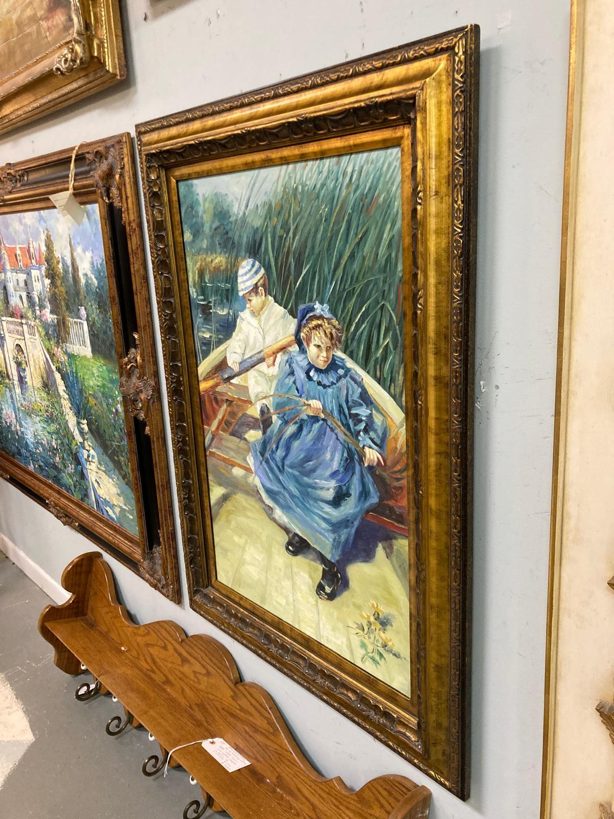 Peinture originale inspirée de l'œuvre de l'artiste J Hamilton représentant deux enfants dans une barque. en vente 1