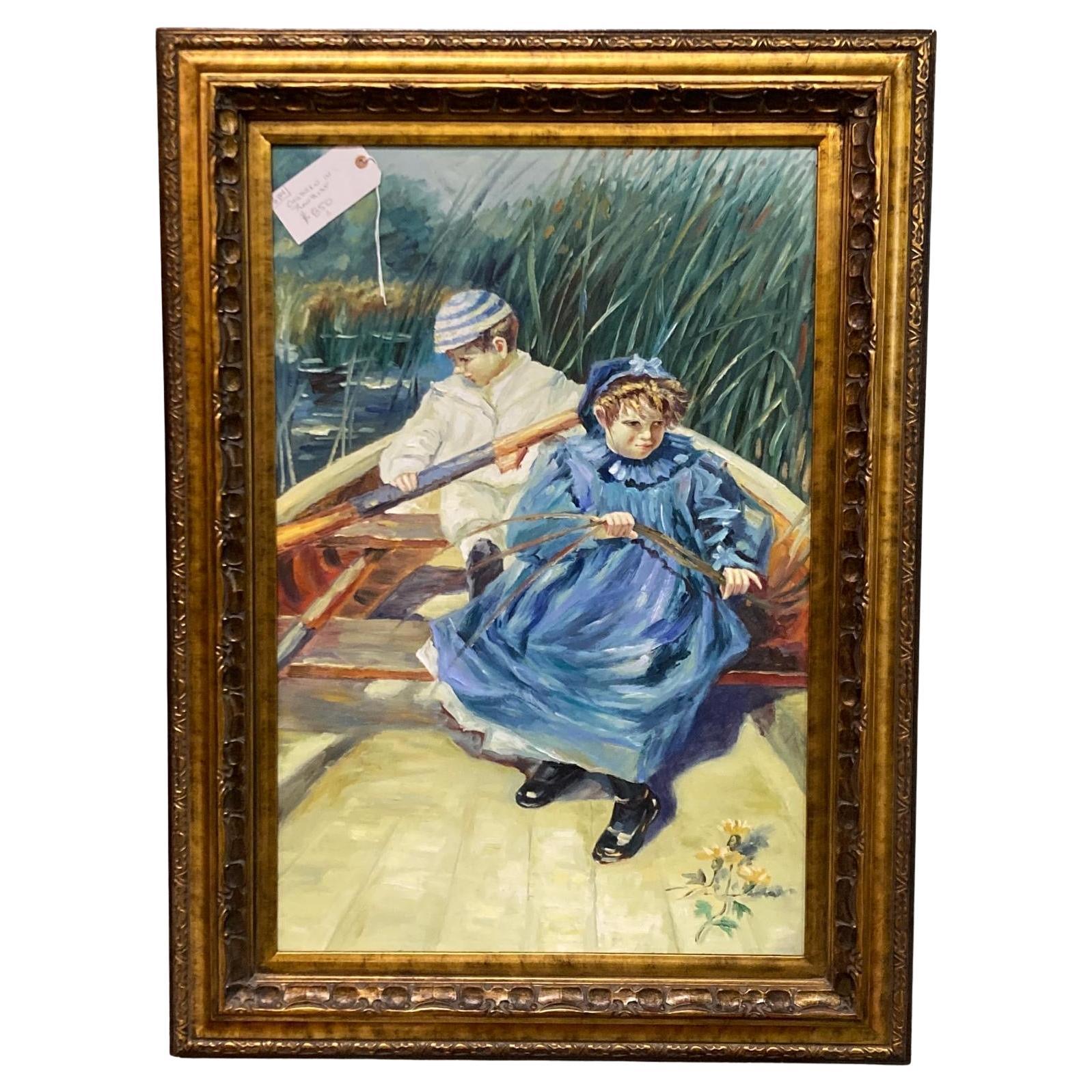 Original-Gemälde inspiriert von der Arbeit des Künstlers J Hamilton von zwei Kindern in einem Ruderboot