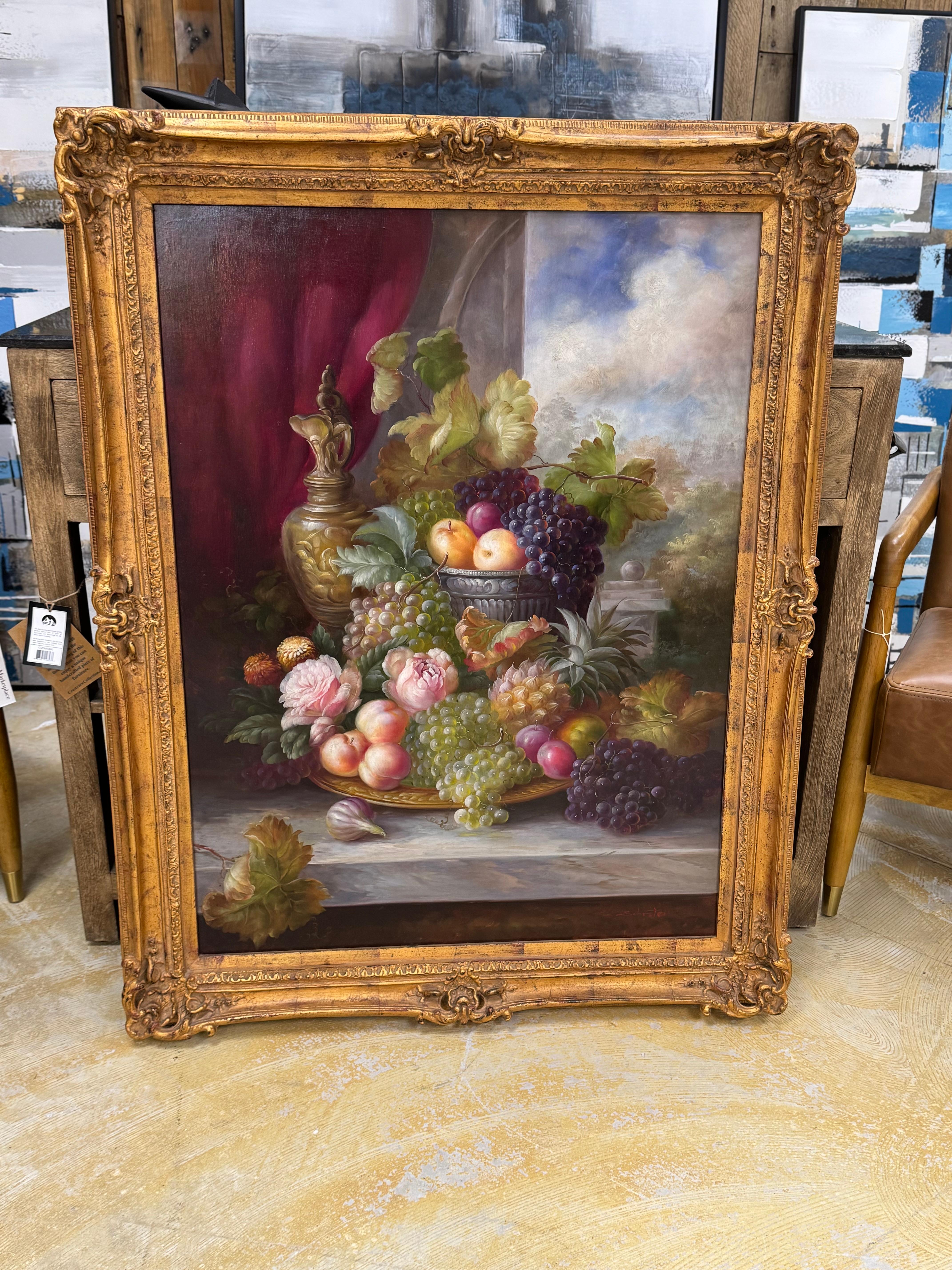 L'image montre une peinture à l'huile encadrée intitulée 