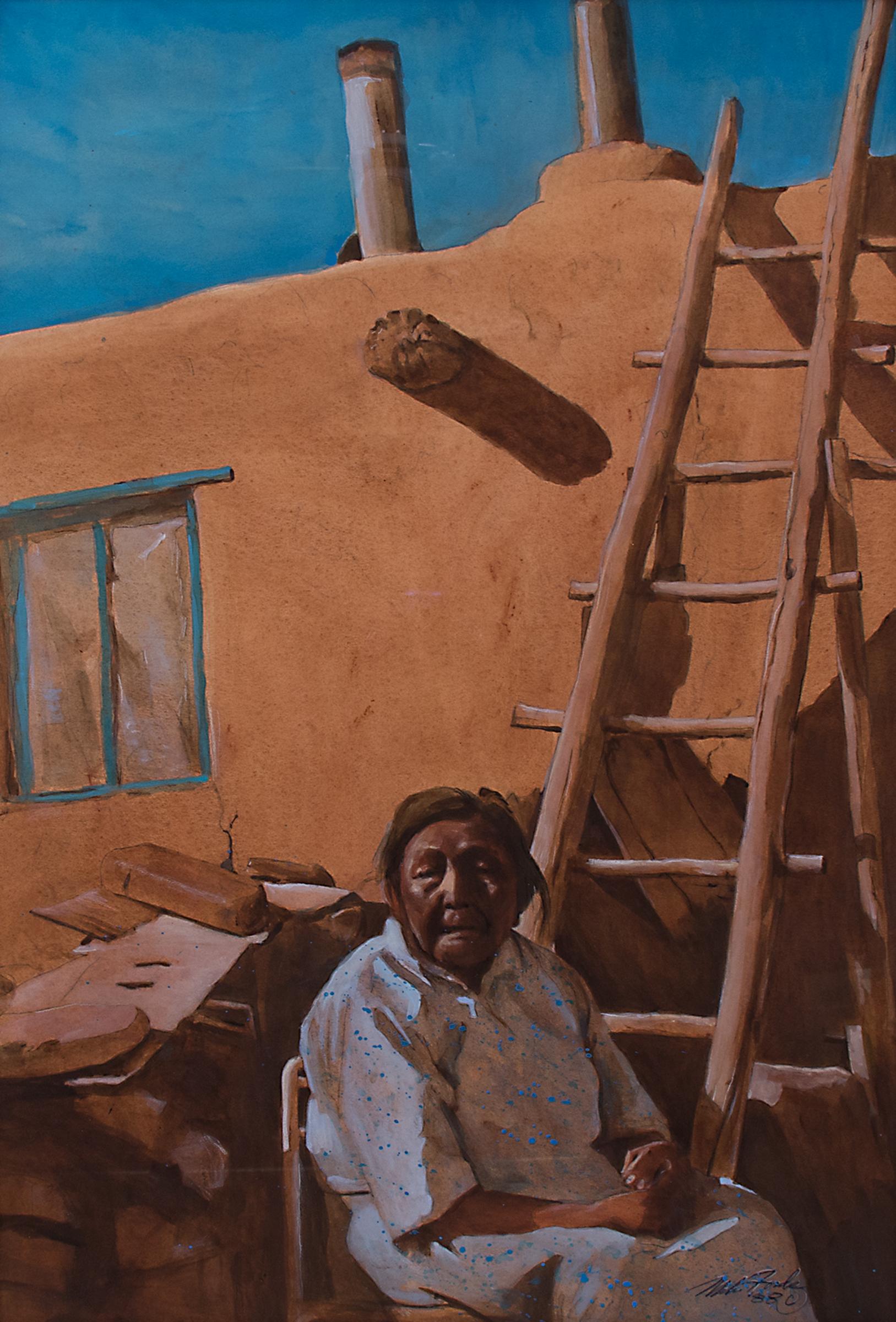 An original acrylic with watercolor painting of a Native American woman sitting outside an adobe building with a wooden ladder at Taos Pueblo, New Mexico by Michael Forde. Colors include blue, brown, golden brown, beige, white & black. Signed and