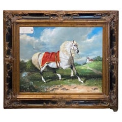 Original painting of a white horse with ornate black and gold frame