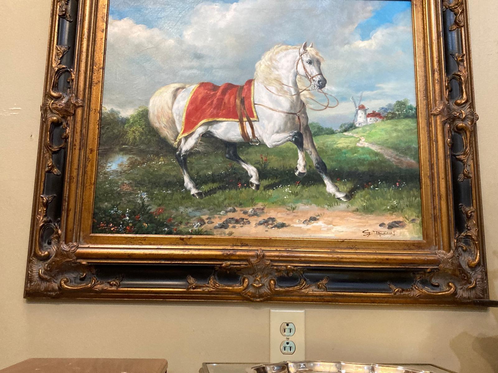 Arts and Crafts Peinture originale d'un cheval blanc avec cadre orné noir et or. en vente