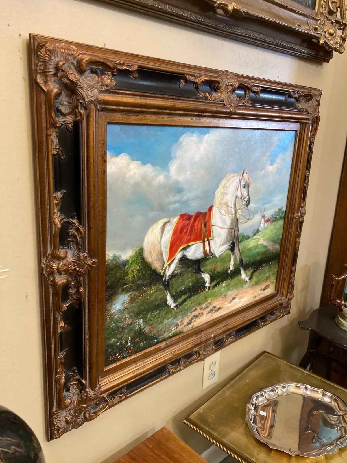 Américain Peinture originale d'un cheval blanc avec cadre orné noir et or. en vente