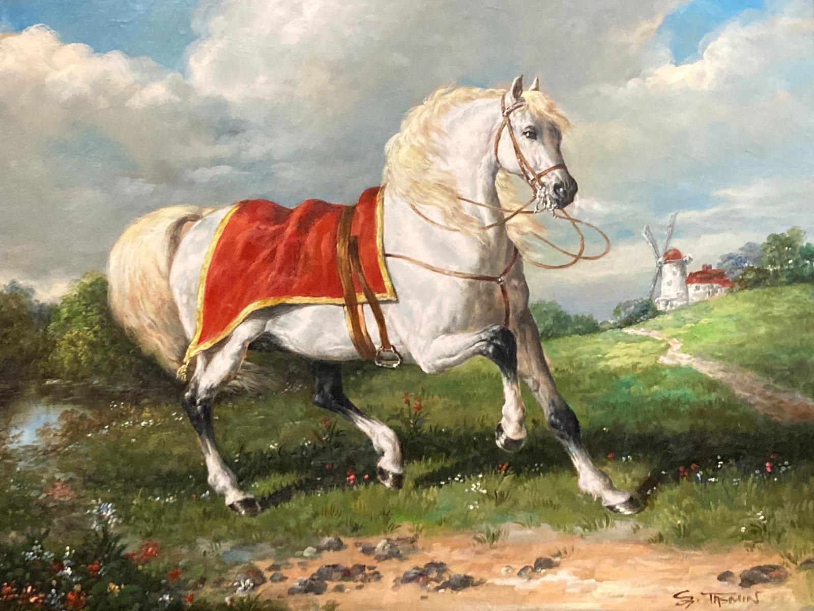 20ième siècle Peinture originale d'un cheval blanc avec cadre orné noir et or. en vente