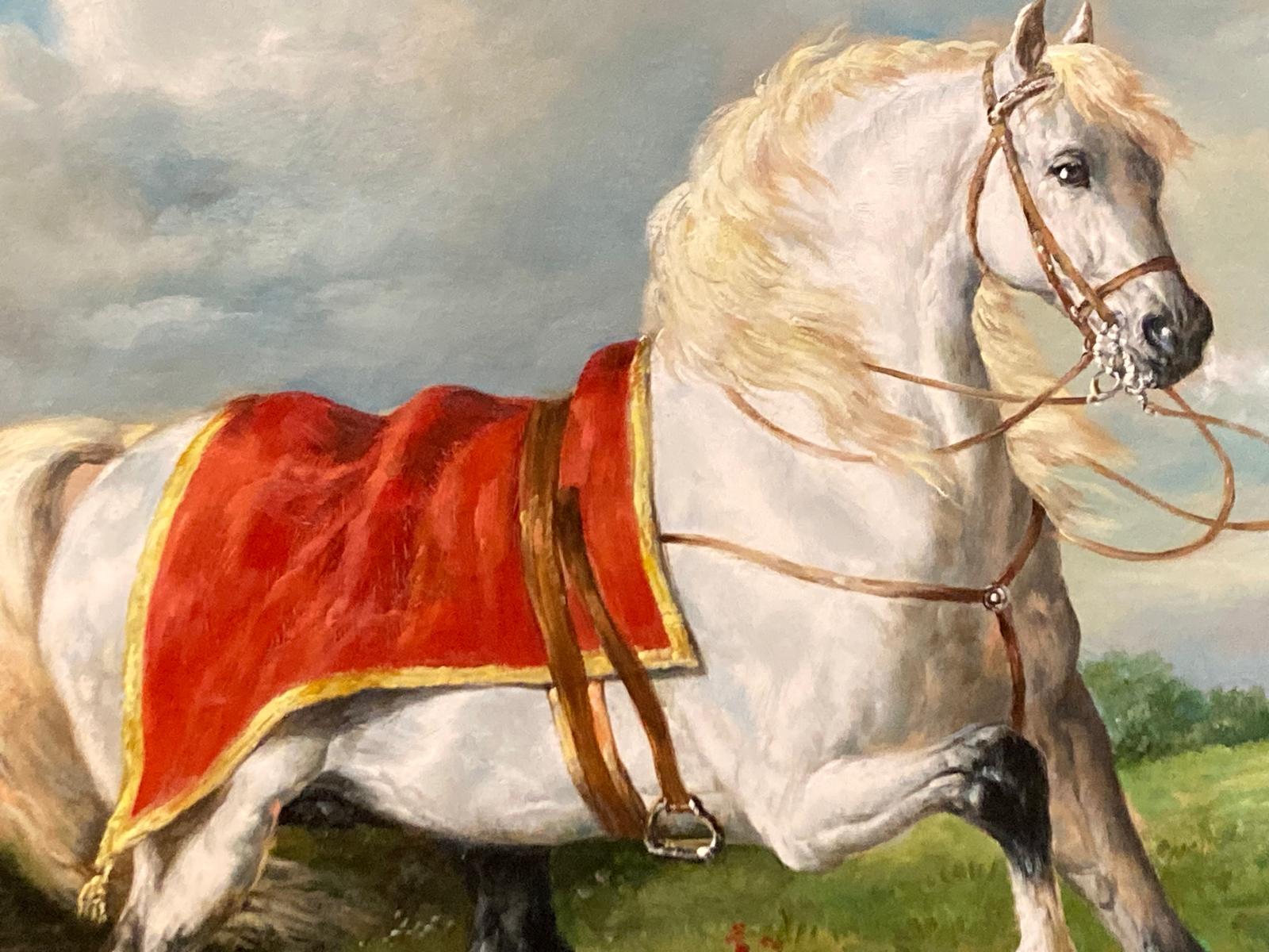 Toile Peinture originale d'un cheval blanc avec cadre orné noir et or. en vente