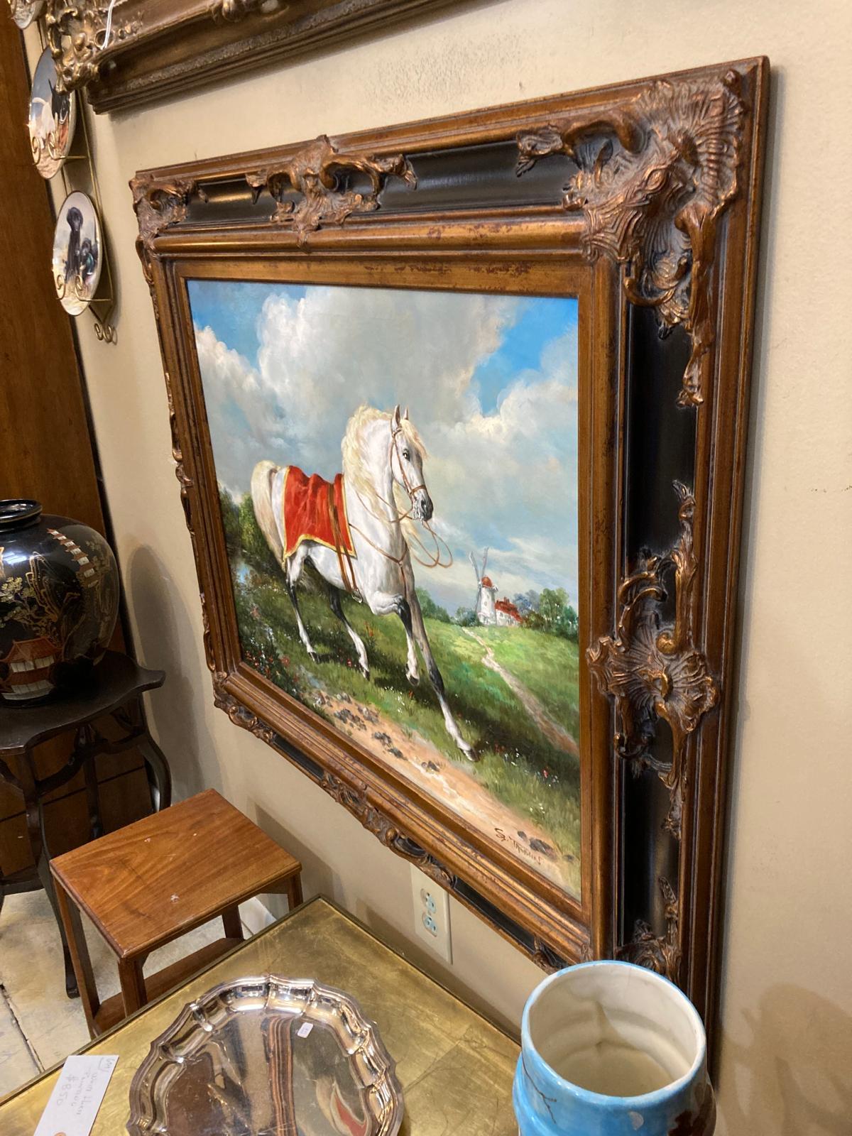 Peinture originale d'un cheval blanc avec cadre orné noir et or. en vente 1