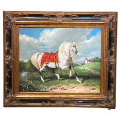 Original painting of a white horse with ornate black and gold frame